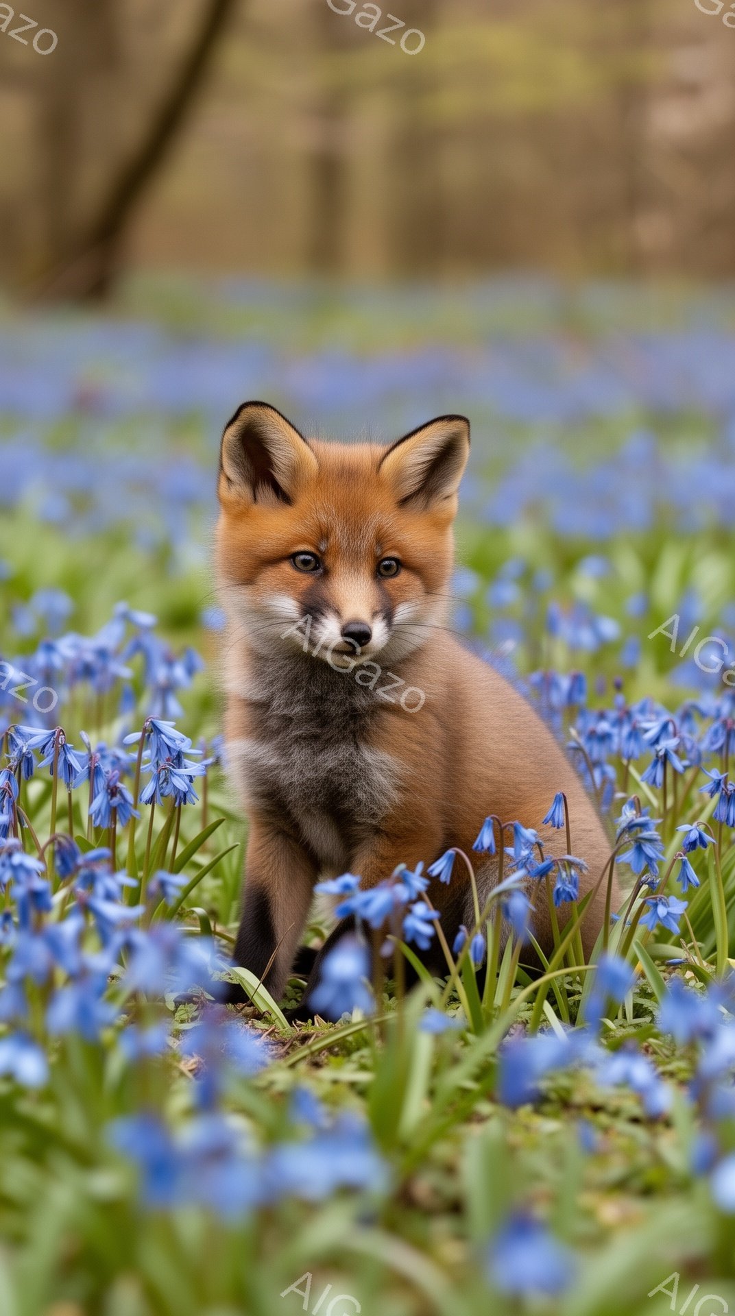 青い花畑の中で、子ぎつねがこちらを見つめている。ふさふさとした毛並みと、好奇心に満ちた表情が可愛らしい。春の暖かな日差しが、優しい雰囲気を醸し出している。