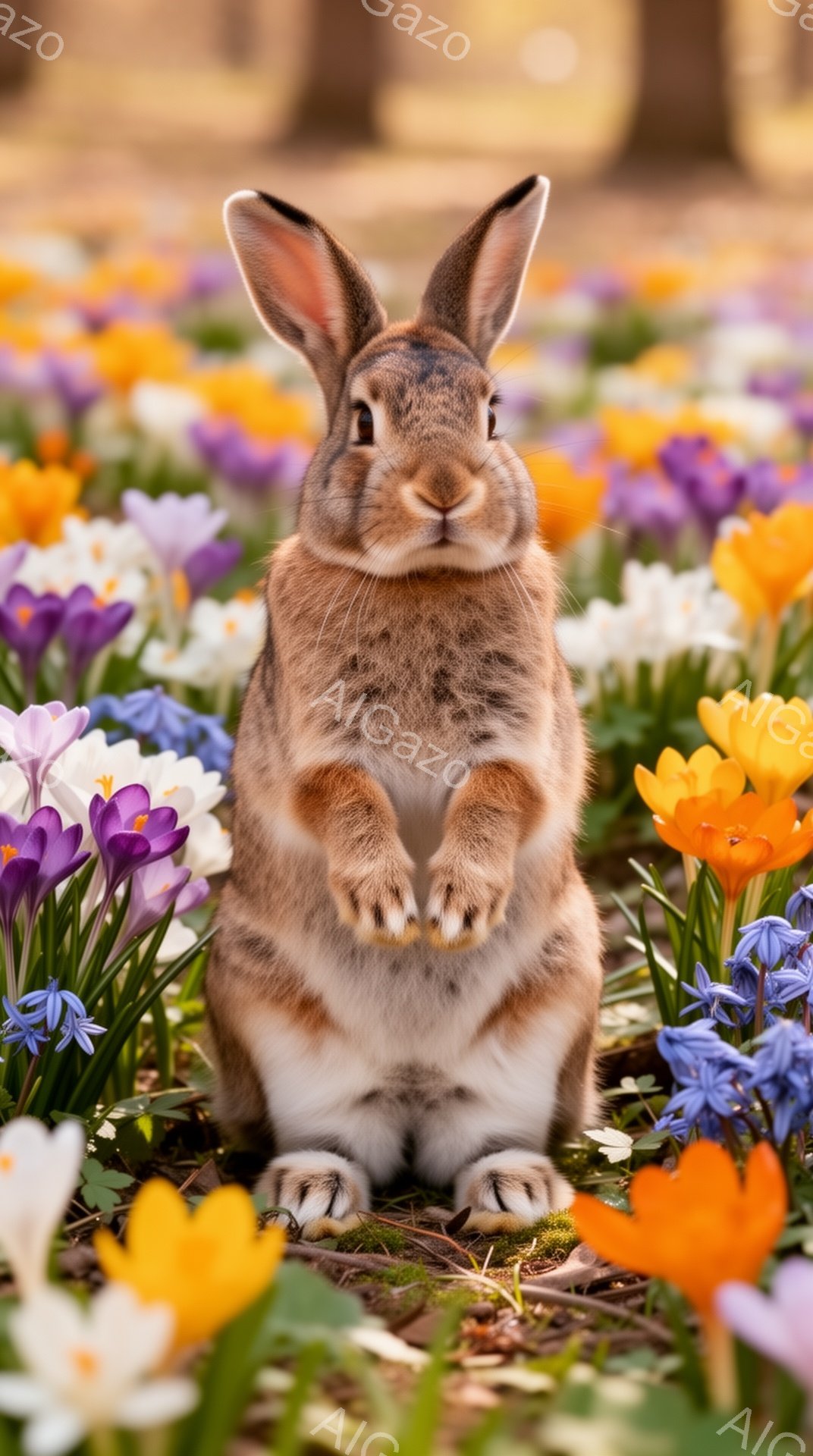 鮮やかな春の花畑に座る可愛らしい茶色のウサギが描かれています。ウサギは前足を上げ、好奇心と遊び心に満ちた表情でこちらを見つめています。背景には、紫、黄、白などの様々な色合いの花々が咲き乱れ、暖かく穏やかな春の雰囲気を醸し出しています。