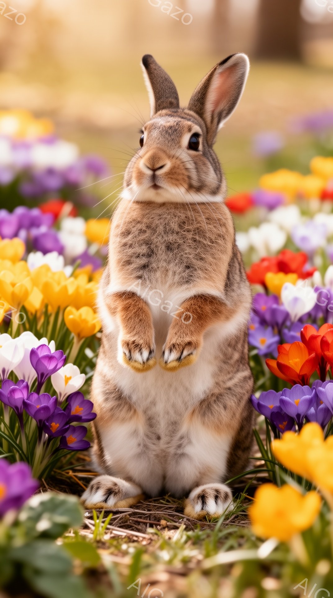 春の野原に、立って前足を組んだ可愛らしいウサギがいます。 周囲には色とりどりのクロッカスが咲き乱れ、暖かく柔らかな光が全体を包み込んでいます。 鮮やかな色彩とウサギの愛らしい姿が、春の訪れを感じさせます。