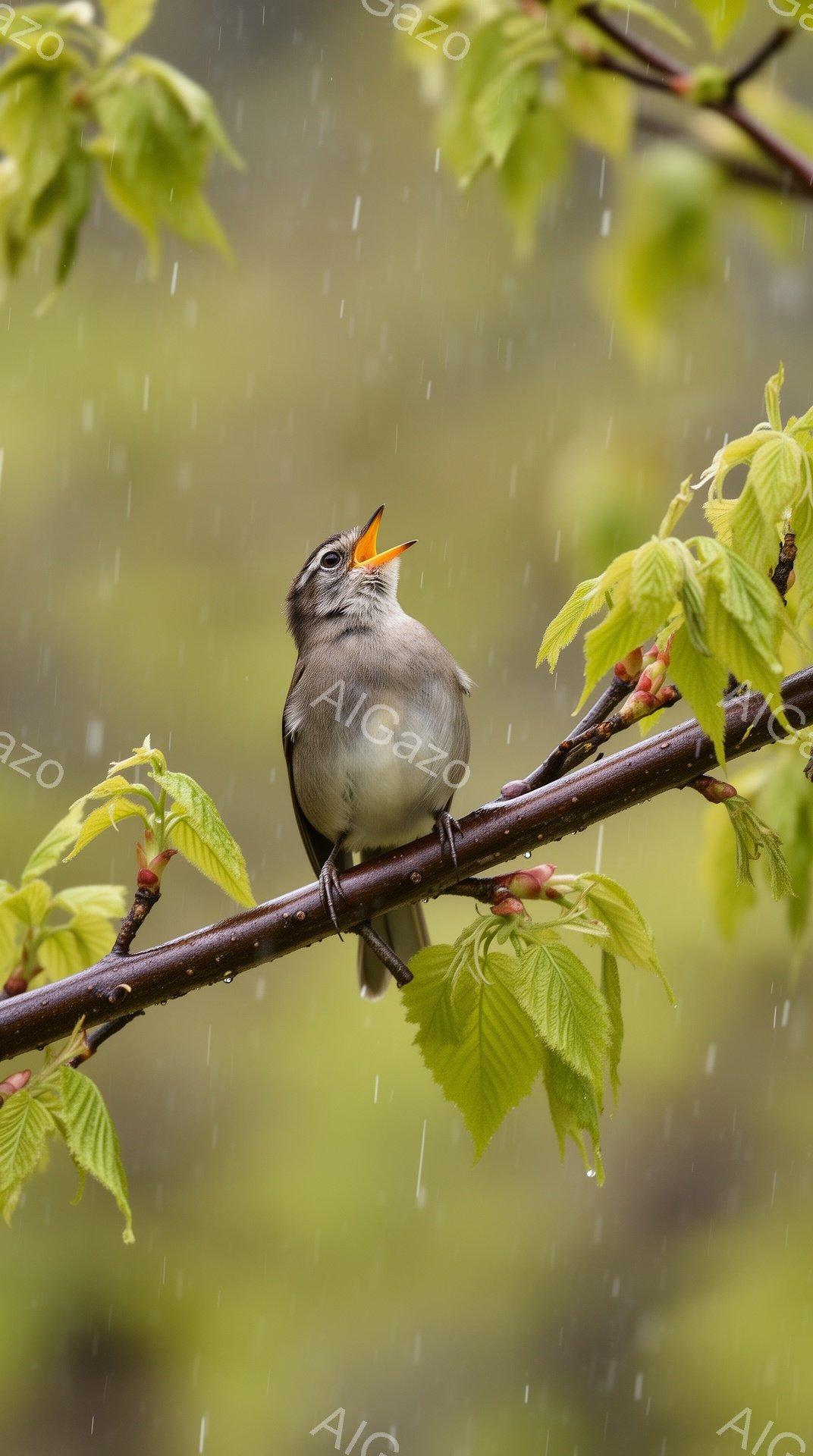 緑の葉と枝に止まった鳥が口を開けて鳴いている。背景はぼやけた緑色で、雨が降っている様子がわかる。春らしい穏やかな雰囲気の風景写真である。 - AI生成フリー素材