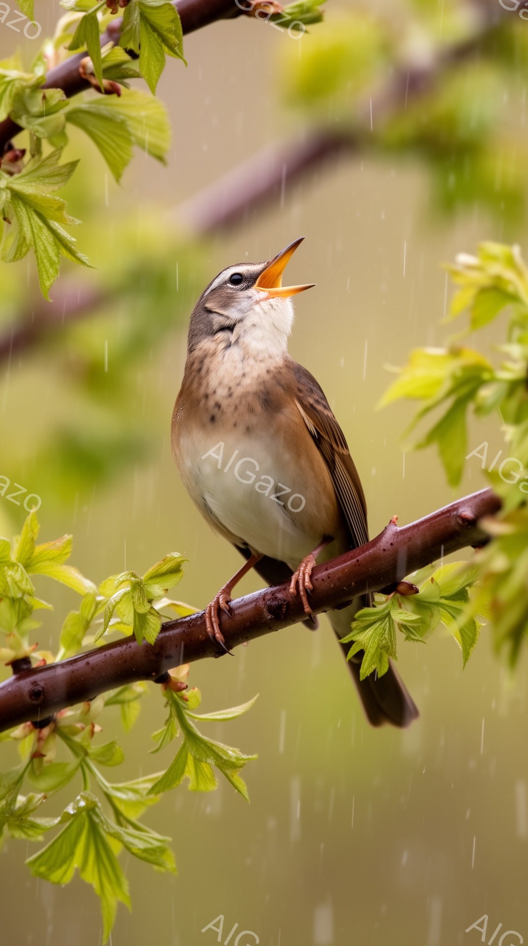 枝に止まった小さな鳥が口を開けて歌っている。背景には緑の葉っぱと雨粒がぼやけて見え、春の雨の日の穏やかな雰囲気が伝わる。鳥の羽の色は茶色と白で、鮮やかなオレンジ色の嘴が印象的だ。 - AI生成フリー素材