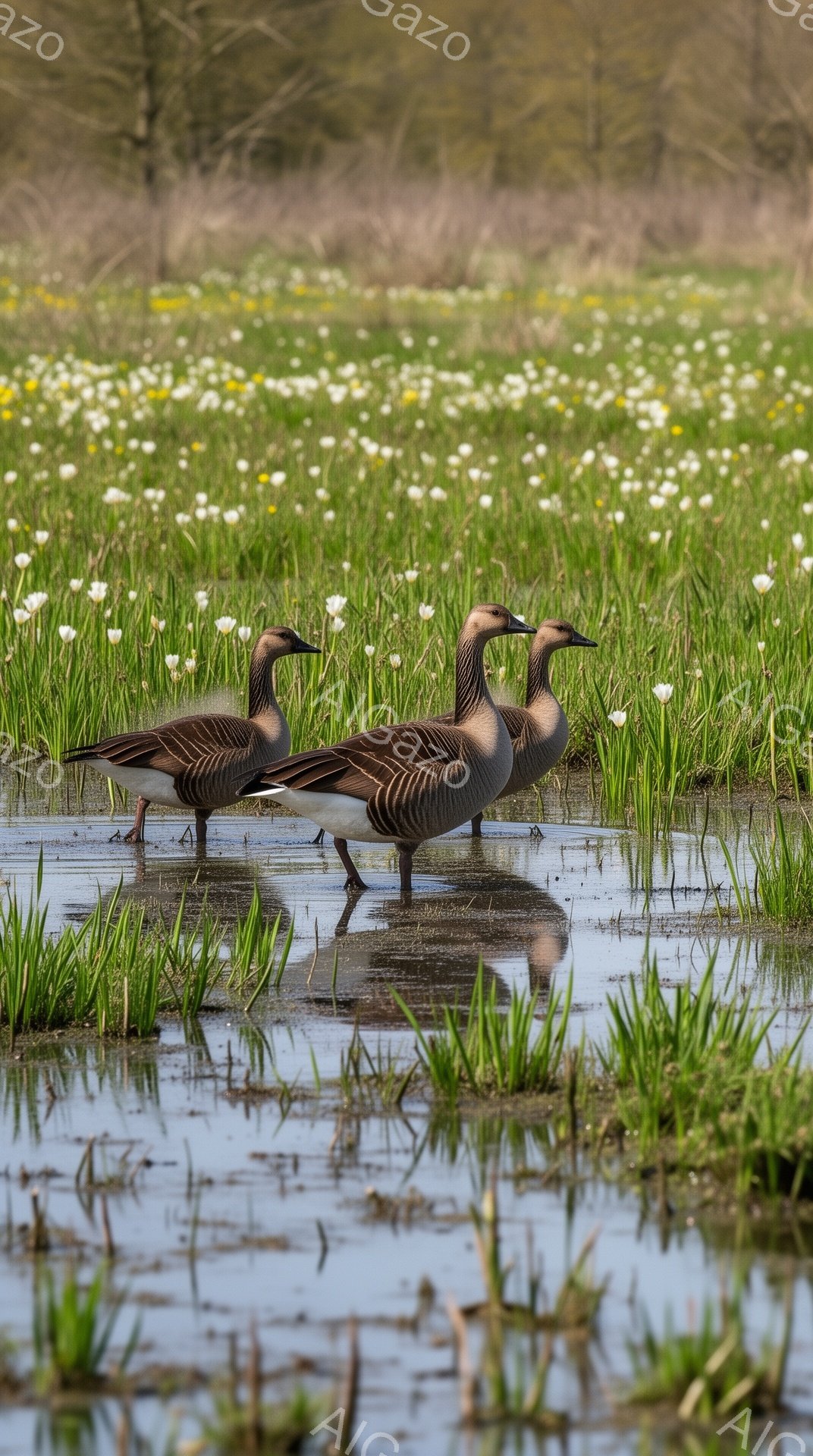 浅い水の中に3羽の雁が並んで歩いている。周囲には白い小さな花が咲き乱れ、春の穏やかな雰囲気が漂っている。水面には雁と花の反射が見られ、静かで美しい風景を作り出している。 - AI生成フリー素材