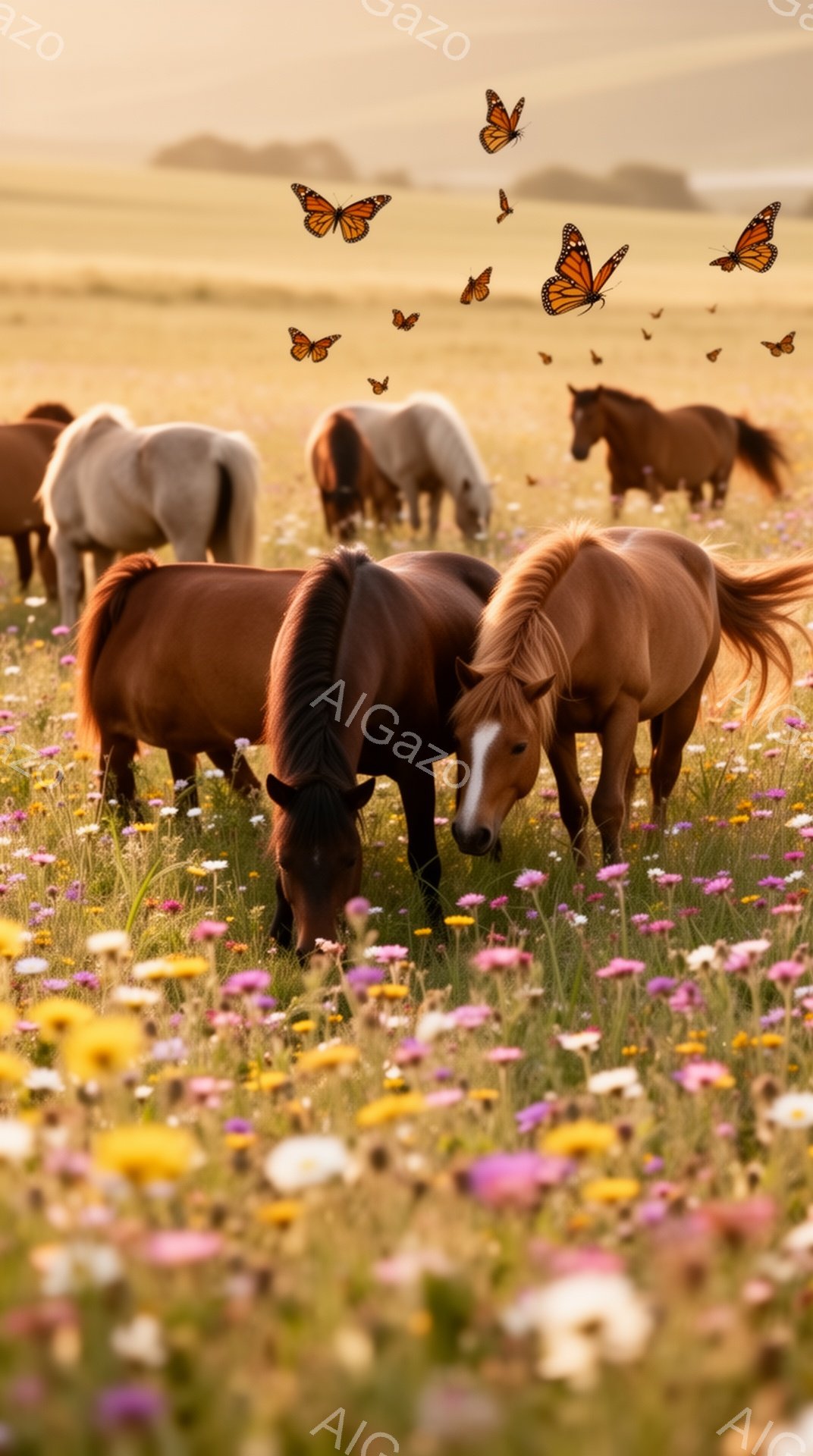 広大な草原で、茶色と白の馬たちが花の間をゆっくりと歩き回り、草を食んでいる。夕暮れ時の柔らかな光が草原を照らし、蝶が舞い、牧歌的な雰囲気を醸し出している。花々の鮮やかな色彩と馬たちの穏やかな様子が、平 - AI生成フリー素材