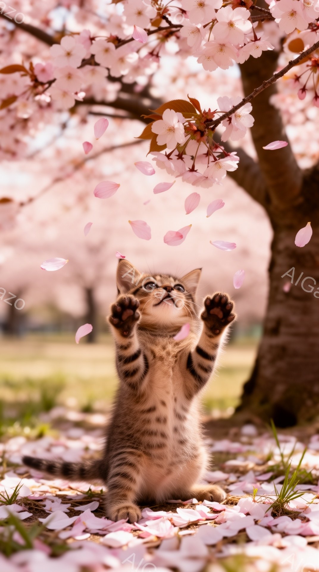 桜の木の下で、子猫が両手を上げて桜の花びらを捕まえようとしています。ピンク色の花びらが舞い散り、春の暖かく優しい雰囲気が漂っています。子猫の真剣な表情と可愛らしい仕草が印象的です。
