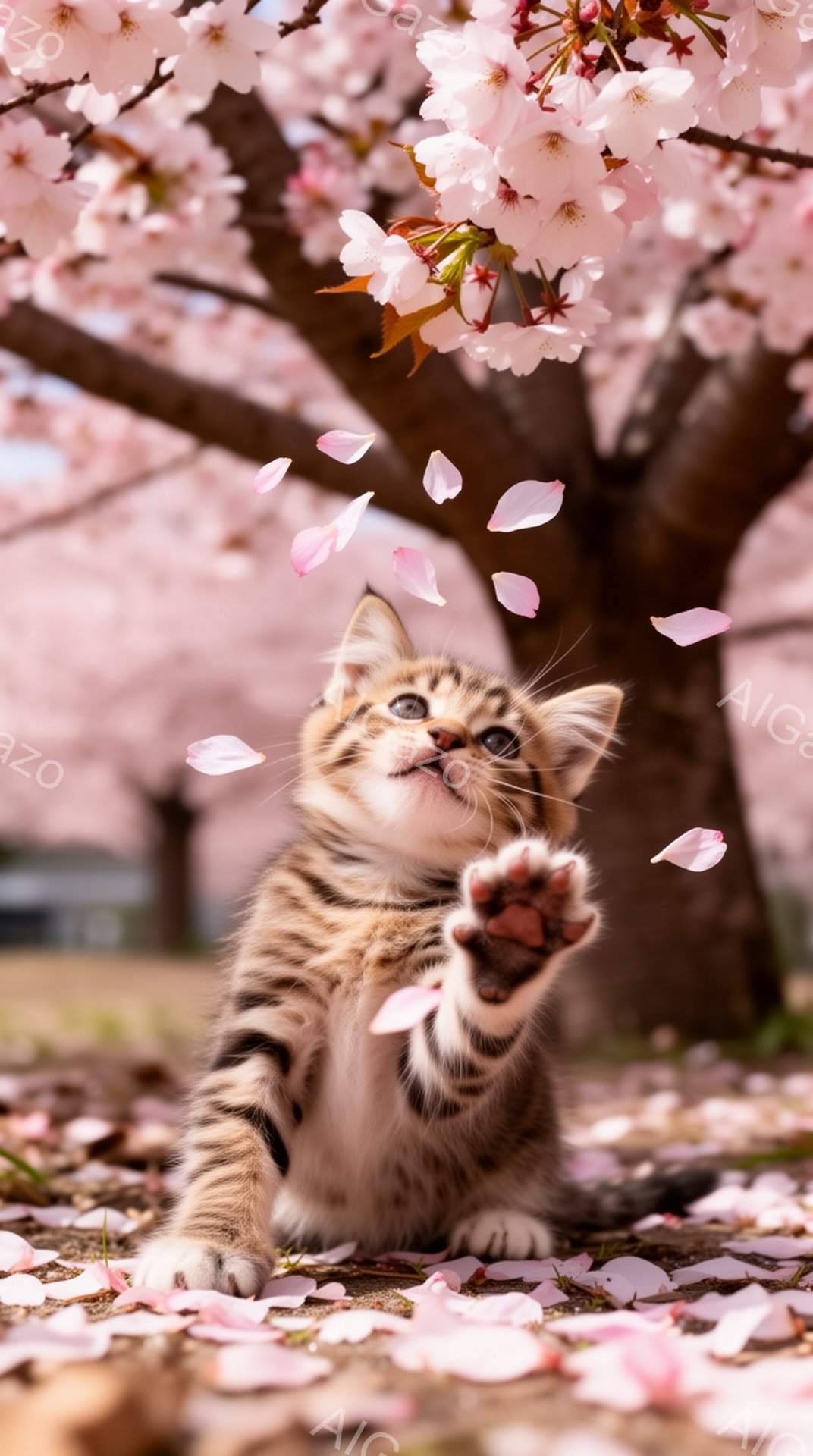 桜の木のしたで子猫が前足で桜の花びらを追いかけて遊んでいます。子猫は縞模様で、とても可愛らしく、楽しそうな表情をしています。背景にはピンク色の桜の花びらが舞い散り、春の暖かく穏やかな雰囲気が伝わってき - AI生成フリー素材