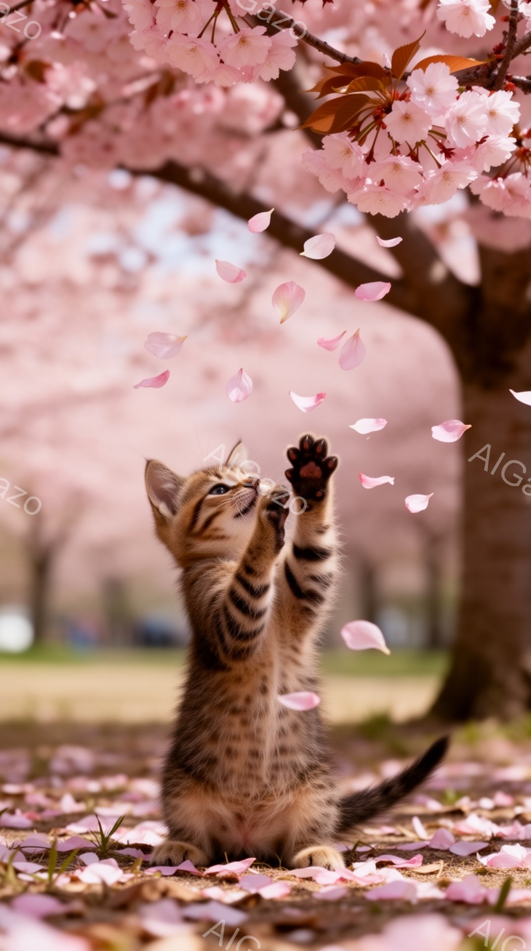 桜の木の下で子猫が花びらを捕まえようとしています。子猫は前足を伸ばし、真剣な表情で空から降ってくる桜の花びらを追いかけています。背景には、ピンク色の桜の花が咲き誇り、春の穏やかな雰囲気が漂っています。 - AI生成フリー素材