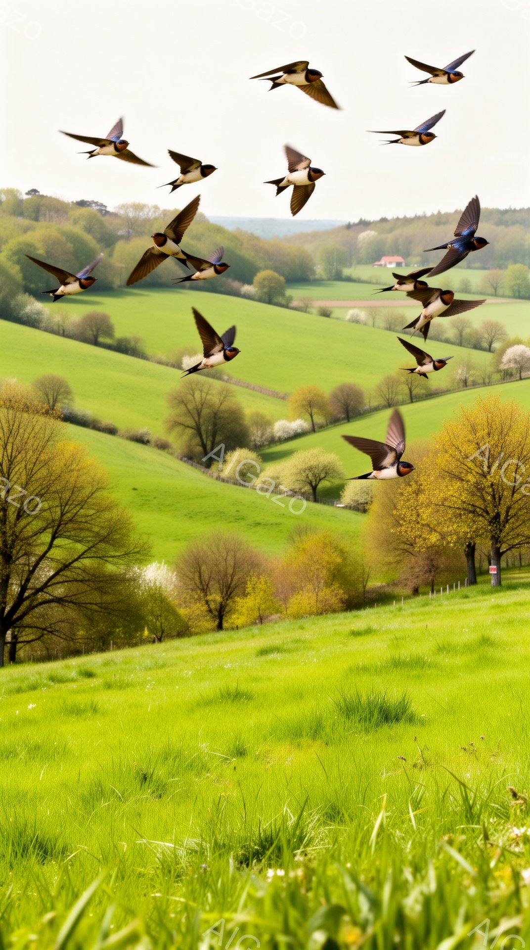 広大な緑の丘陵地帯を、多くのツバメが飛び交っている。春の陽光の下、鮮やかな緑と白い花々が咲き乱れ、生命力に満ちた風景が広がっている。穏やかで平和な雰囲気が感じられる。 - AI生成フリー素材