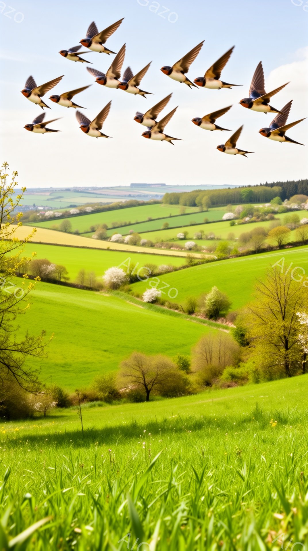 広大な緑の丘陵地帯を鳥の群れが飛び交い、春の穏やかな風景が広がっています。手前の草原には緑の草が茂り、ところどころに白い花が咲き乱れ、暖かく柔らかな光が降り注いでいます。遠くには緑豊かな森林が見え、平 - AI生成フリー素材