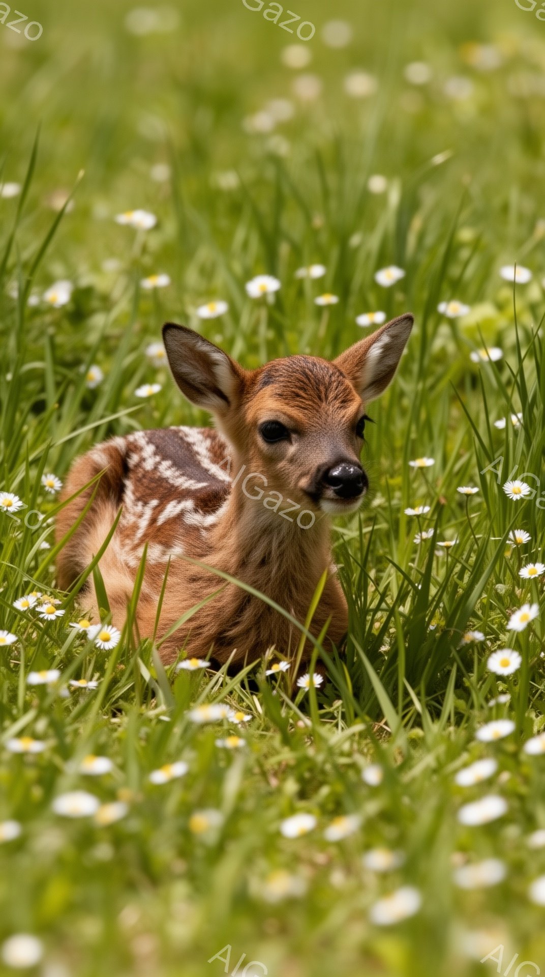 緑の草むらに子鹿が丸まって眠っています。白い小さな花々が咲き乱れ、春の穏やかな雰囲気を醸し出しています。子鹿の斑点模様と優しい表情が愛らしいです。 - AI生成フリー素材