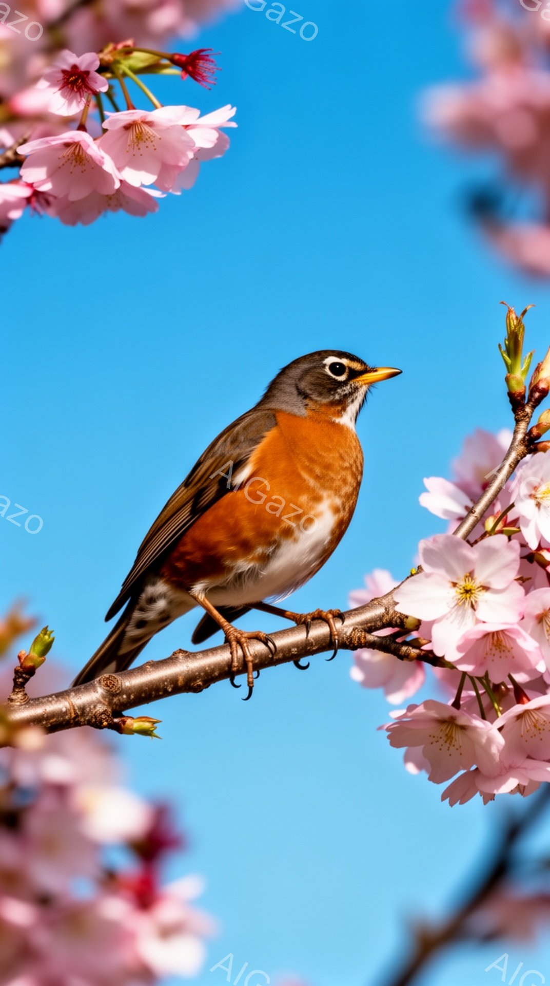 桜の枝にとまっている小さくて愛らしい鳥が写っています。鮮やかなオレンジ色の胸と背中、そして茶色い羽が印象的です。背景には青空と桜の花びらが広がり、春の暖かな雰囲気を醸し出しています。 - AI生成フリー素材