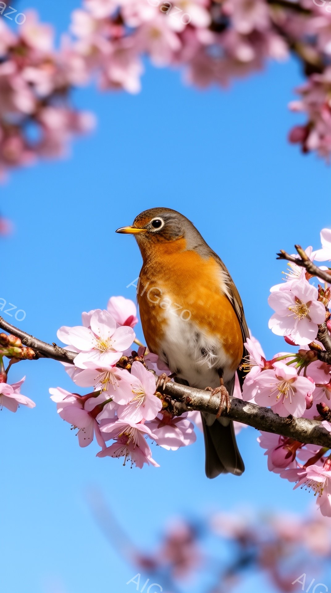 桜の枝にとまっているジョウビタキの姿が捉えられています。鮮やかなオレンジ色と白い胸が特徴的で、春の訪れを感じさせる一場面です。背景には、空が広がり、桜の花びらが美しく咲き誇っています。