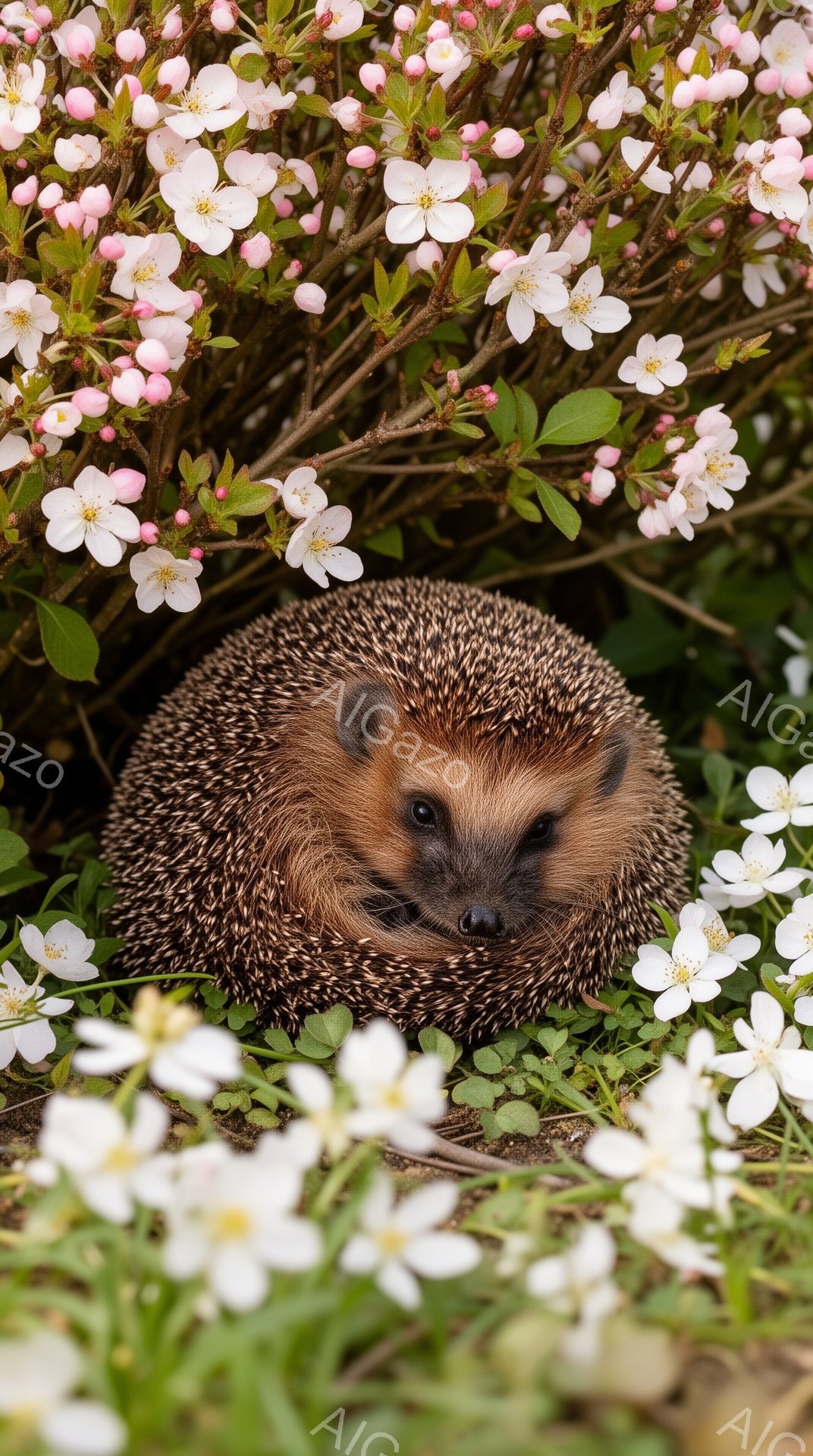 可愛らしいハリネズミが、ピンクと白の美しい花に囲まれてひっそりとたたずんでいます。草むらの中で、花びらが柔らかい光を受けて輝き、春の穏やかな雰囲気を伝えています。毛並みは細かく、ハリネズミの愛らしい姿 - AI生成フリー素材