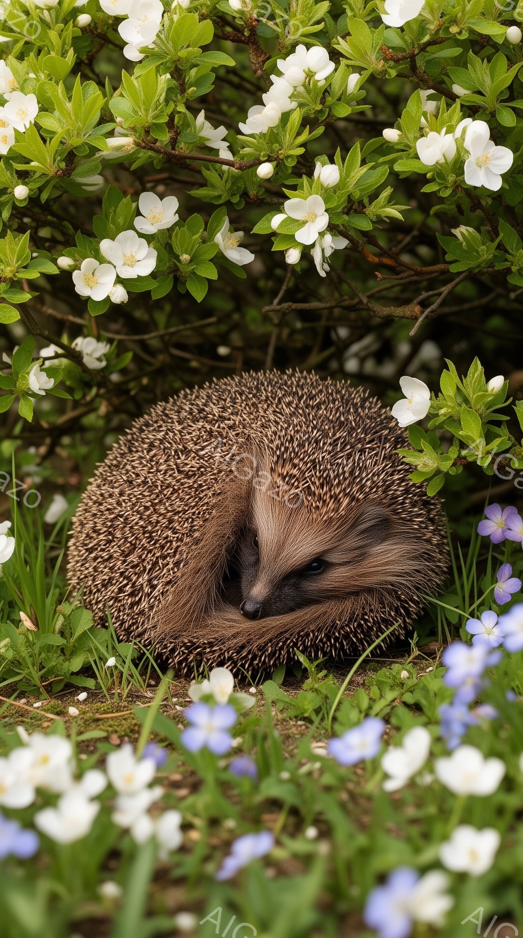 白と紫の花々の中に、丸まって眠っているハリネズミがいます。緑の草むらと白い花々が、ハリネズミを優しく包み込んでおり、穏やかな春の日の雰囲気が伝わってきます。その愛らしい姿は、見る人の心を和ませるでしょ - AI生成フリー素材