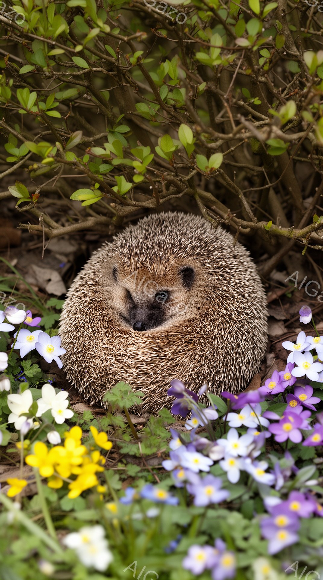 可愛らしいハリネズミが、紫や黄色の花々の中に丸まって眠っています。緑の葉っぱに囲まれ、春の暖かさと穏やかな雰囲気が感じられます。花びらの優しい色彩が、ハリネズミの愛らしさを引き立てています。 - AI生成フリー素材