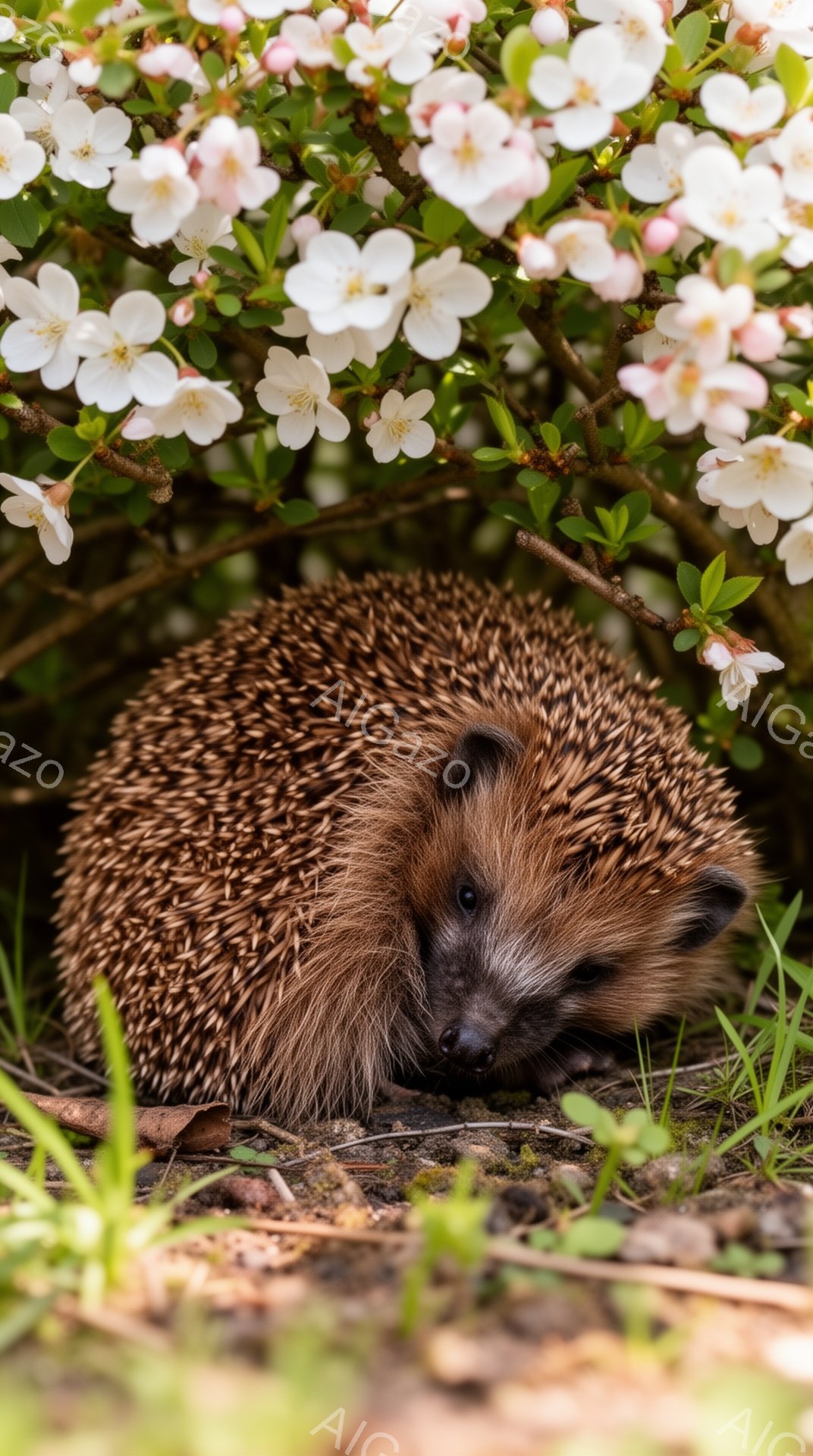 つげねずみは、ピンク色の花の下で草の上に丸くなっています。その姿は可愛らしく、春の穏やかな雰囲気に包まれています。鮮やかな緑の草と白い花が、つげねずみの茶色の体色を際立たせています。
