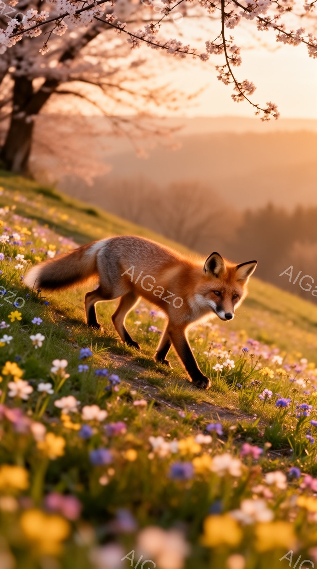 鮮やかな野花が咲き乱れる丘を、一匹のキツネが歩いている。夕暮れ時の柔らかな光がキツネの毛並みを照らし、暖かく幻想的な雰囲気を醸し出している。花々の中に姿を隠しながら、静かに歩むキツネの姿は、自然との調 - AI生成フリー素材