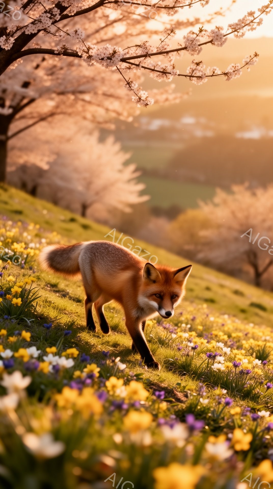 明るい日差しの中、キツネが花畑を歩いている。背景には桜の木があり、春の暖かさを感じさせる。花々の色とりどりが、キツネの毛並みと美しく調和している。 - AI生成フリー素材