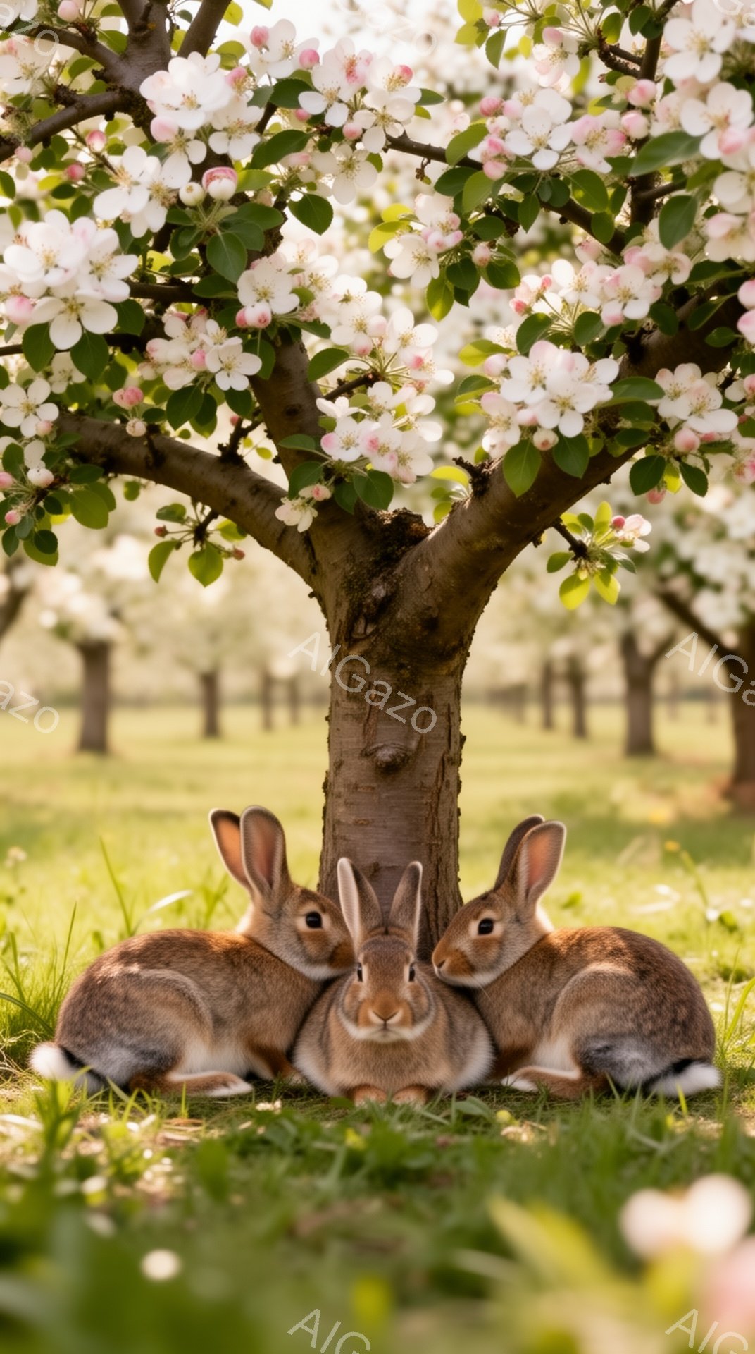 暖かく穏やかな春の日、リンゴの木の根元に３羽のウサギが寄り添って座っています。白い花が咲き乱れる木の背景が、可愛らしいウサギたちをさらに引き立てています。緑豊かな草地と柔らかな光が、平和で牧歌的な雰囲 - AI生成フリー素材