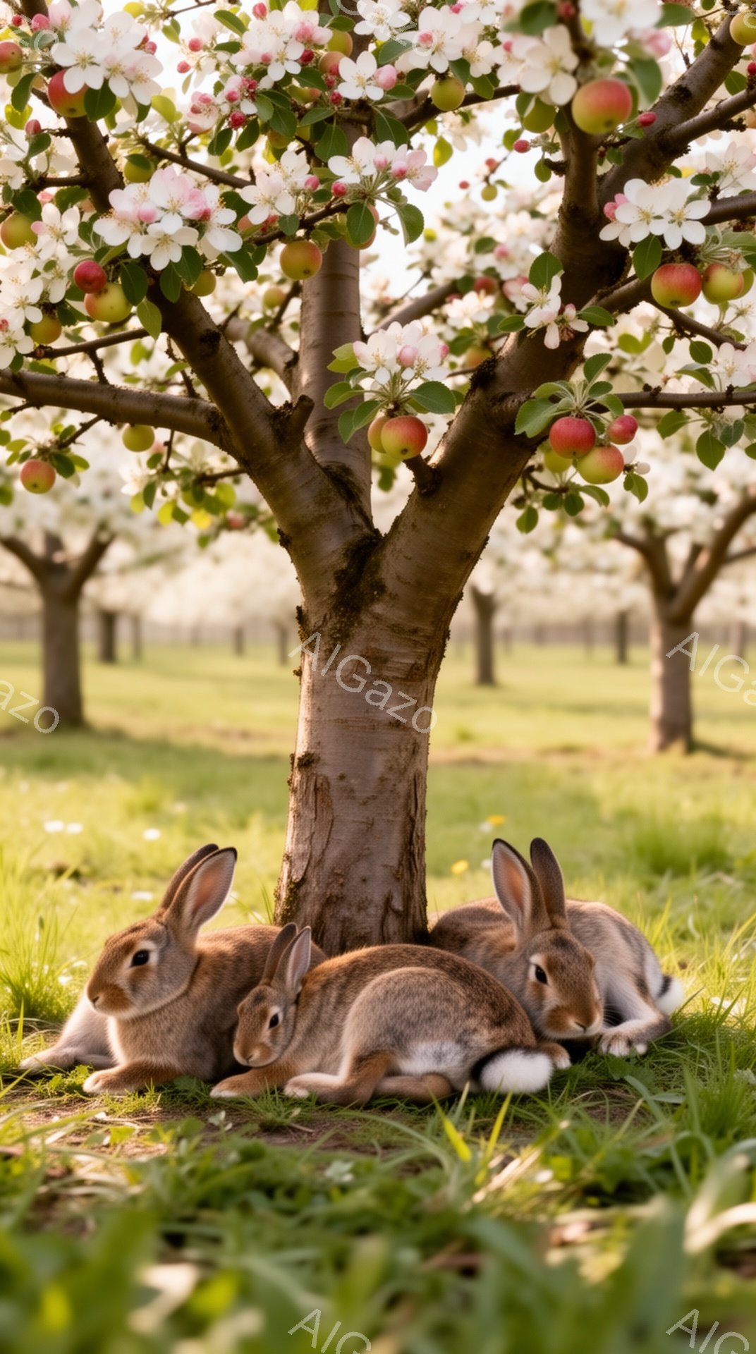 緑の草の上に３匹のウサギがリンゴの木の幹に寄り添って座っています。リンゴの木は白とピンクの花が咲き誇り、春の穏やかな陽光の中で、静かで平和な風景を作り出しています。遠くには他のリンゴの木が並んでおり、広々とした農園の様子がわかります。