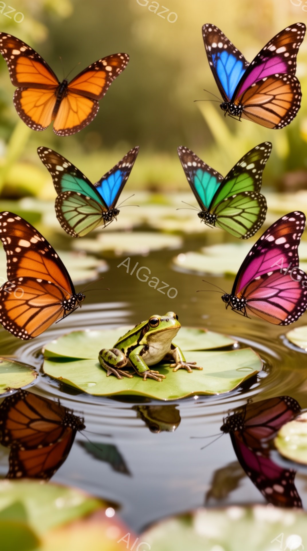 緑色のカエルが大きなスイレンの葉の上に座っており、周りには色とりどりの蝶が舞っている。水面には蝶の美しい反射が見られ、幻想的な雰囲気が漂っている。鮮やかな色彩と自然の美しさが調和した、平和なシーンだ。