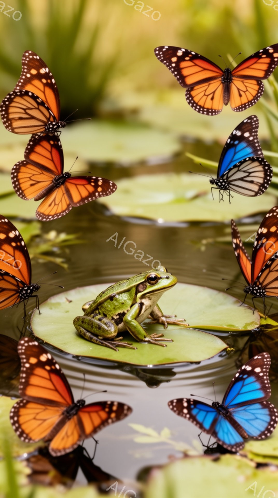 緑色のカエルが水面に浮かぶ葉っぱの上に座っています。周りには鮮やかなオレンジと青色の蝶が舞い、幻想的な雰囲気を醸し出しています。水面には植物が映り込み、自然豊かな様子が伝わってきます。