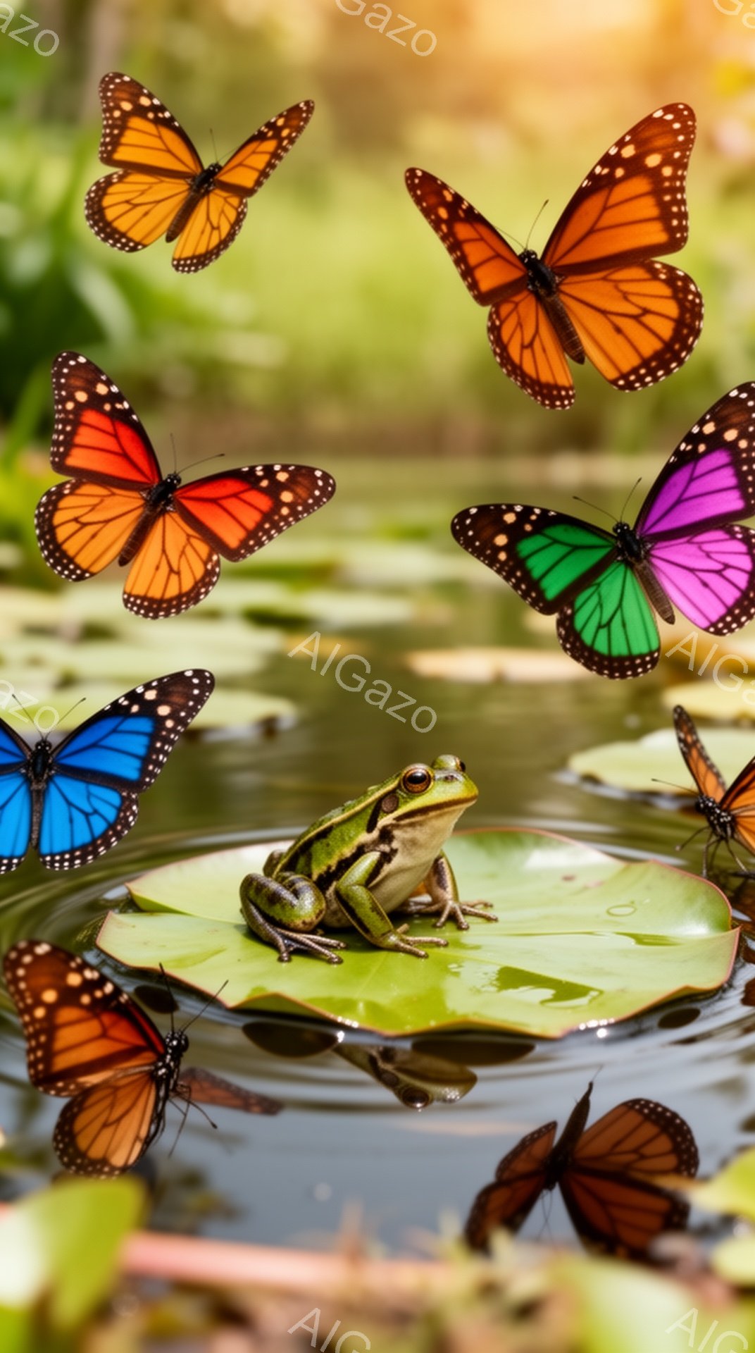 鮮やかな色の蝶が数匹、緑色の水面に浮かぶスイレンの葉の上にとまっている。その中央には、緑色のカエルが静かに座り、蝶たちを見つめているようだ。背景はぼやけており、自然の穏やかな雰囲気が感じられる。