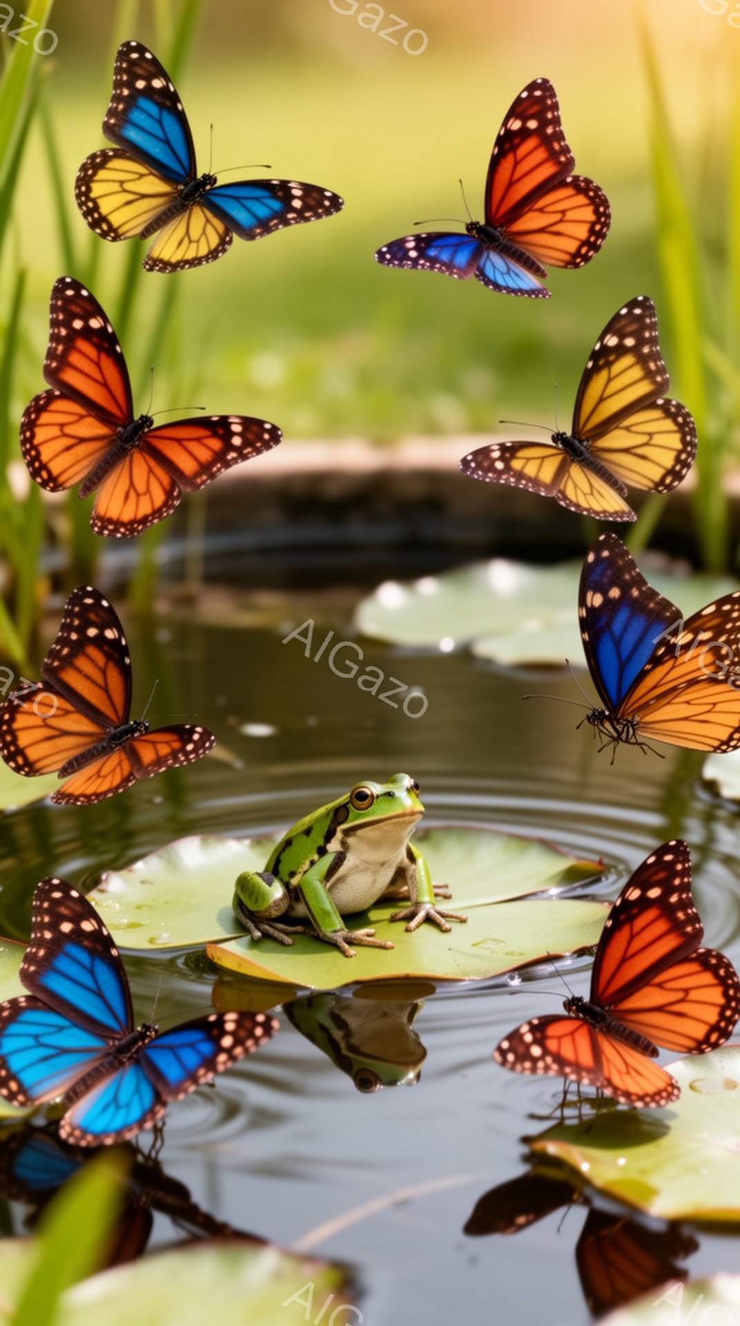 緑色のカエルが大きな睡蓮の葉の上に座っており、周囲には色とりどりの蝶が舞っている。水面には蝶やカエルの影が映り込み、穏やかで幻想的な雰囲気を醸し出している。鮮やかな色彩と自然の美しさが際立った、魅力的な光景だ。