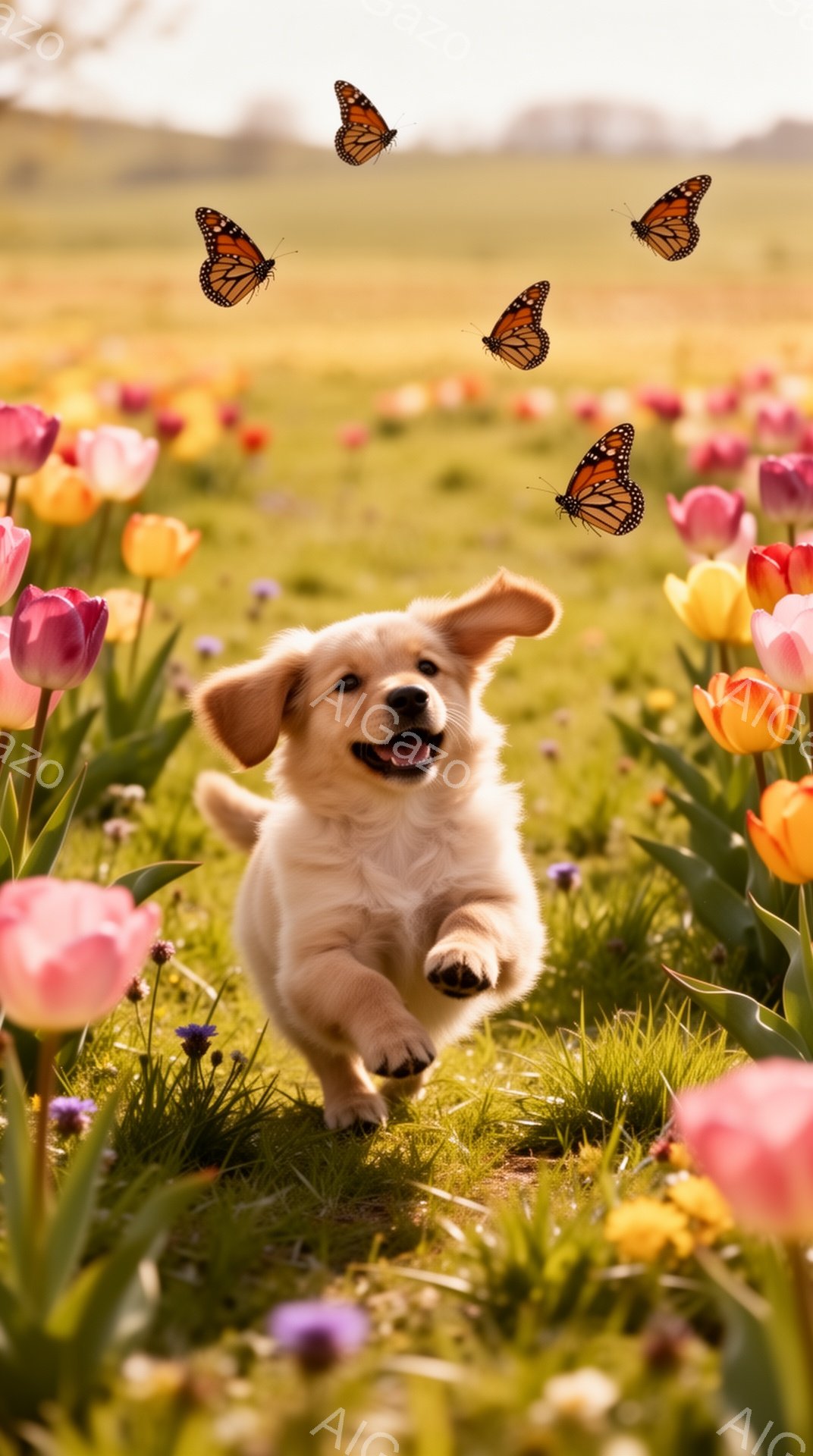 美しいチューリップ畑を元気な子犬が駆け抜けている。太陽の光が差し込み、暖かく幸せな雰囲気が漂っている。周りには蝶が舞い、春の訪れを告げている。 - AI生成フリー素材