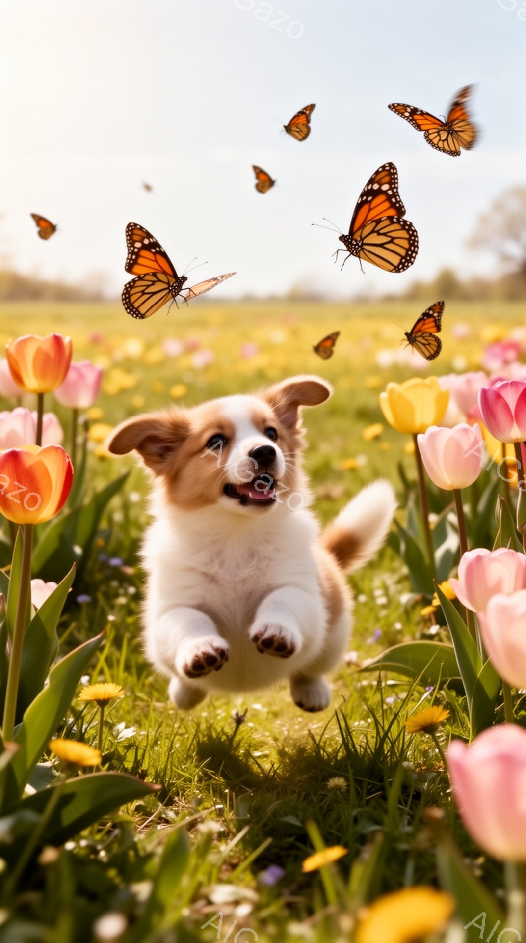 白いと茶色の子犬が、たくさんの色とりどりのチューリップが咲く草原を嬉しそうに飛び跳ねています。周りにはオレンジ色の蝶が舞っており、春の暖かく穏やかな雰囲気が伝わってきます。子犬の表情はとても活発で、見 - AI生成フリー素材