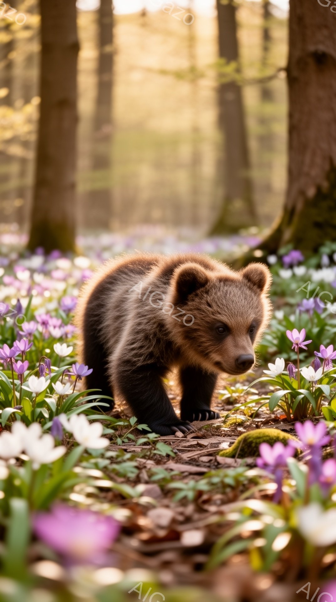 小さな熊が紫色の花々が咲き乱れる森の中を歩いている。暖かく優しい光が差し込み、生命力に満ちた春の雰囲気を醸し出している。地面は落ち葉と花で覆われ、可愛らしい熊の姿が引き立てられている。