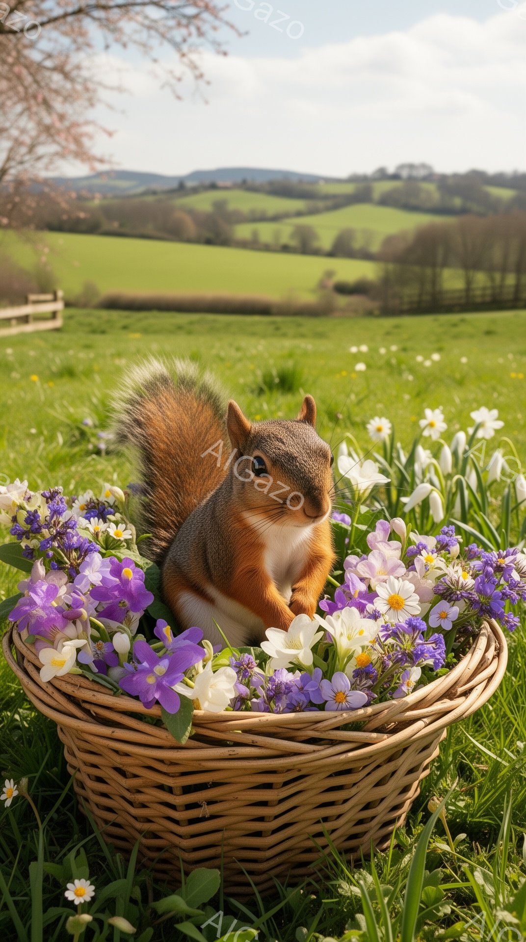 籠の中にリスが座っており、周囲には花が咲き乱れている。リスは少し警戒した表情でこちらを見ているが、全体的に穏やかな雰囲気である。緑豊かな背景とカラフルな花々が春の訪れを感じさせる、可愛らしい光景だ。