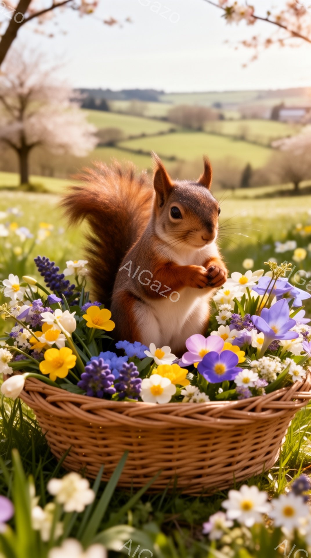 可愛らしいリスが花でいっぱいのバスケットの中に座っている。背景には緑豊かな草地とぼんやりとした風景が広がり、春の穏やかな雰囲気を醸し出している。日差しが暖かく、リスの毛並みを照らし、まるで絵画のような - AI生成フリー素材