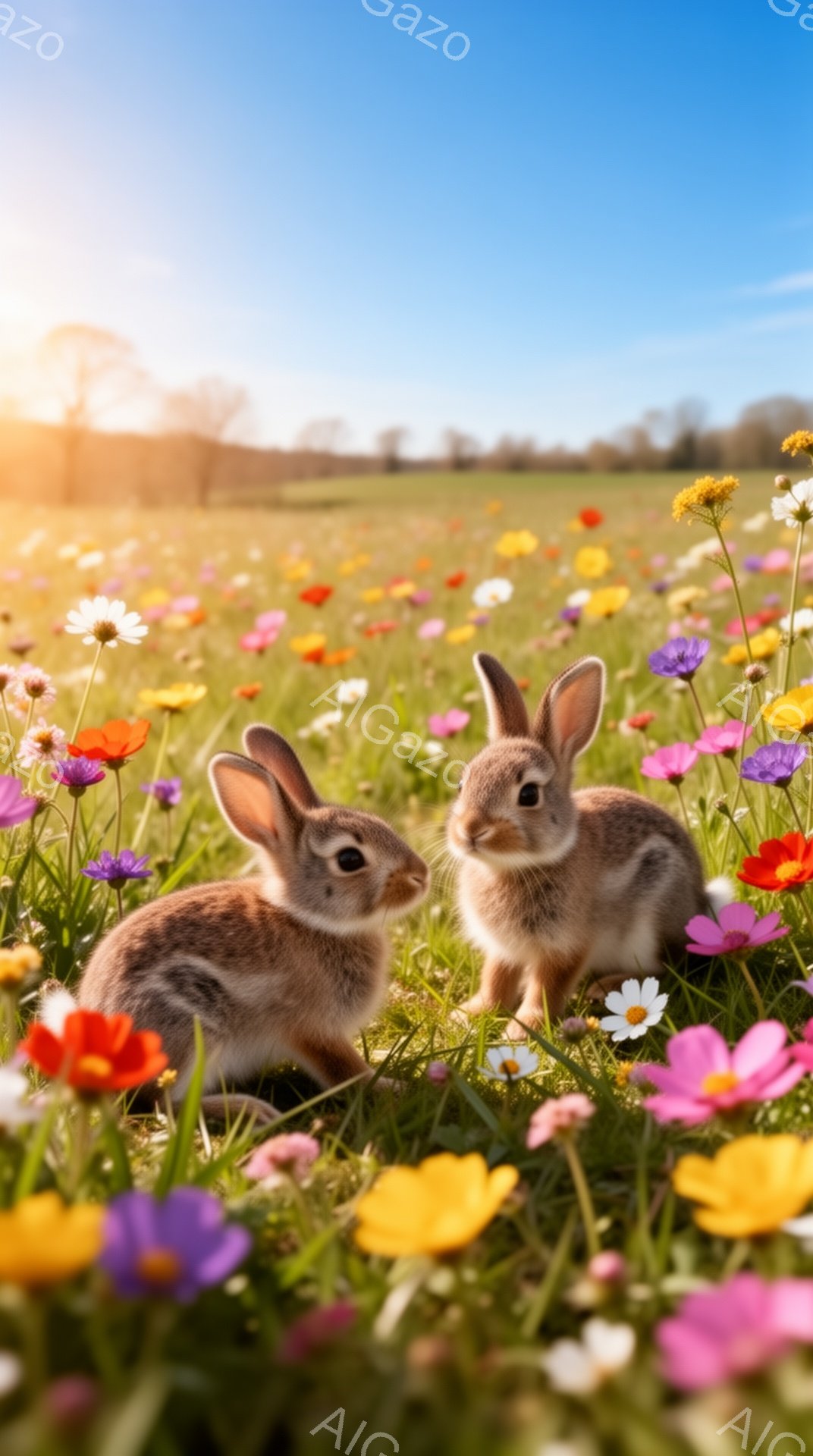 広大な草原で、二匹の可愛らしい子ウサギが様々な色の花々の中に座っています。子ウサギたちはリラックスした様子で、穏やかで平和な雰囲気が漂っています。背景には緑豊かな草と、ぼんやりと見える木々が見え、暖か - AI生成フリー素材