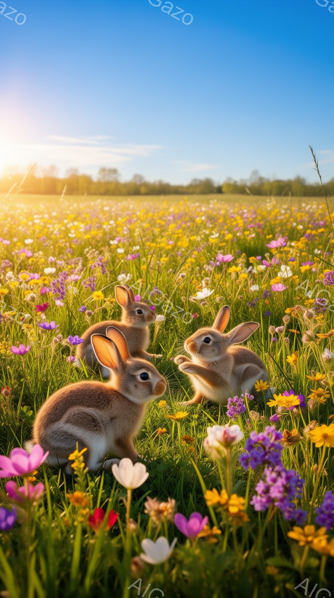 広大な花畑に4匹のウサギがいます。ウサギたちは草の間で遊んだり、何かを嗅いだりして楽しそうに過ごしています。背景には明るい太陽と緑豊かな風景が広がり、穏やかな春の日の雰囲気が伝わってきます。