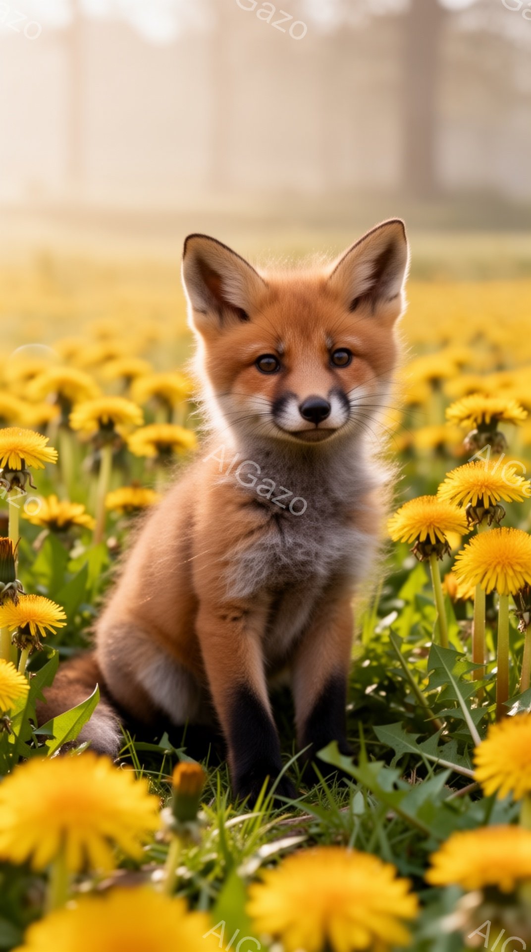 鮮やかなタンポポ畑に、幼いキツネが座っている。キツネは少し上目遣いでカメラを見つめ、その表情は好奇心と無邪気さに満ちている。背景は柔らかい光に包まれ、春の暖かさを感じさせる。 - AI生成フリー素材