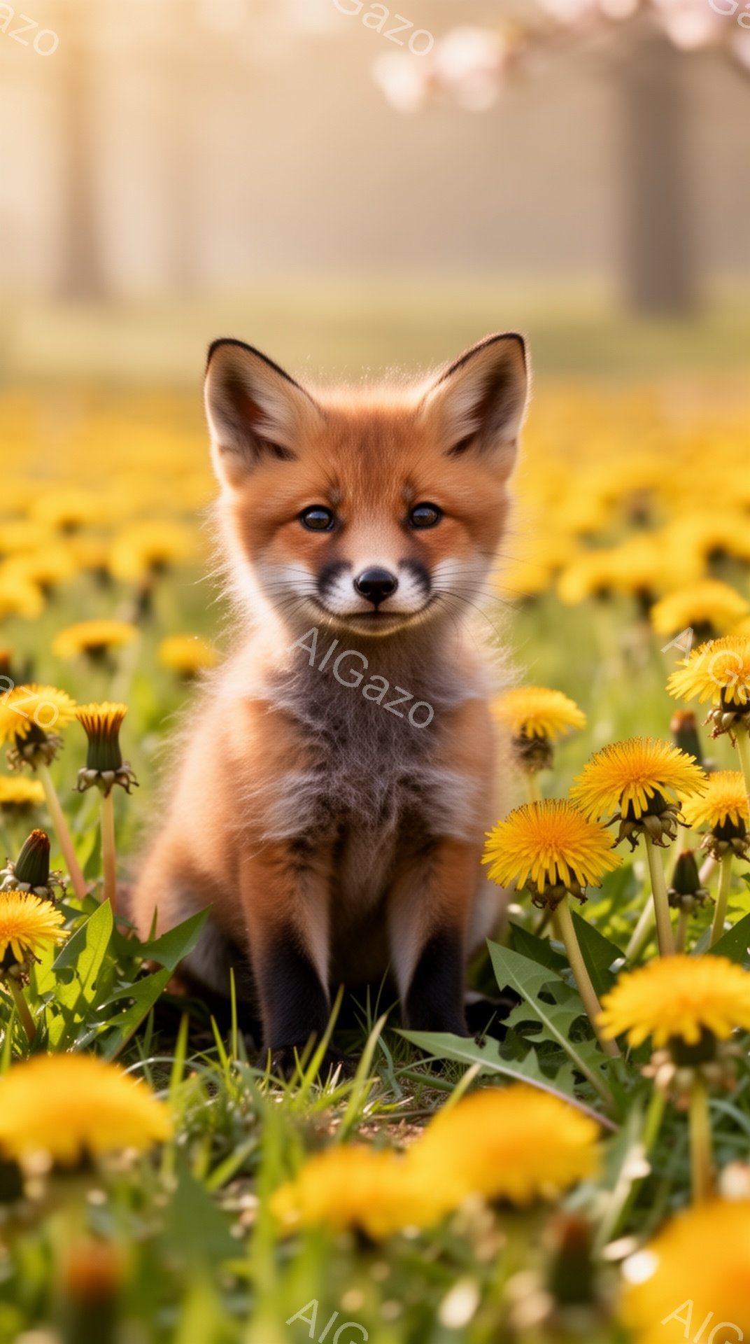 明るい日差しの中、タンポポ畑に座る子ギツネが可愛らしい。つぶらな瞳と、ちょこんと座った姿が愛嬌があり、春の暖かさを感じさせる。背景にはぼやけた緑があり、柔らかい雰囲気を醸し出している。