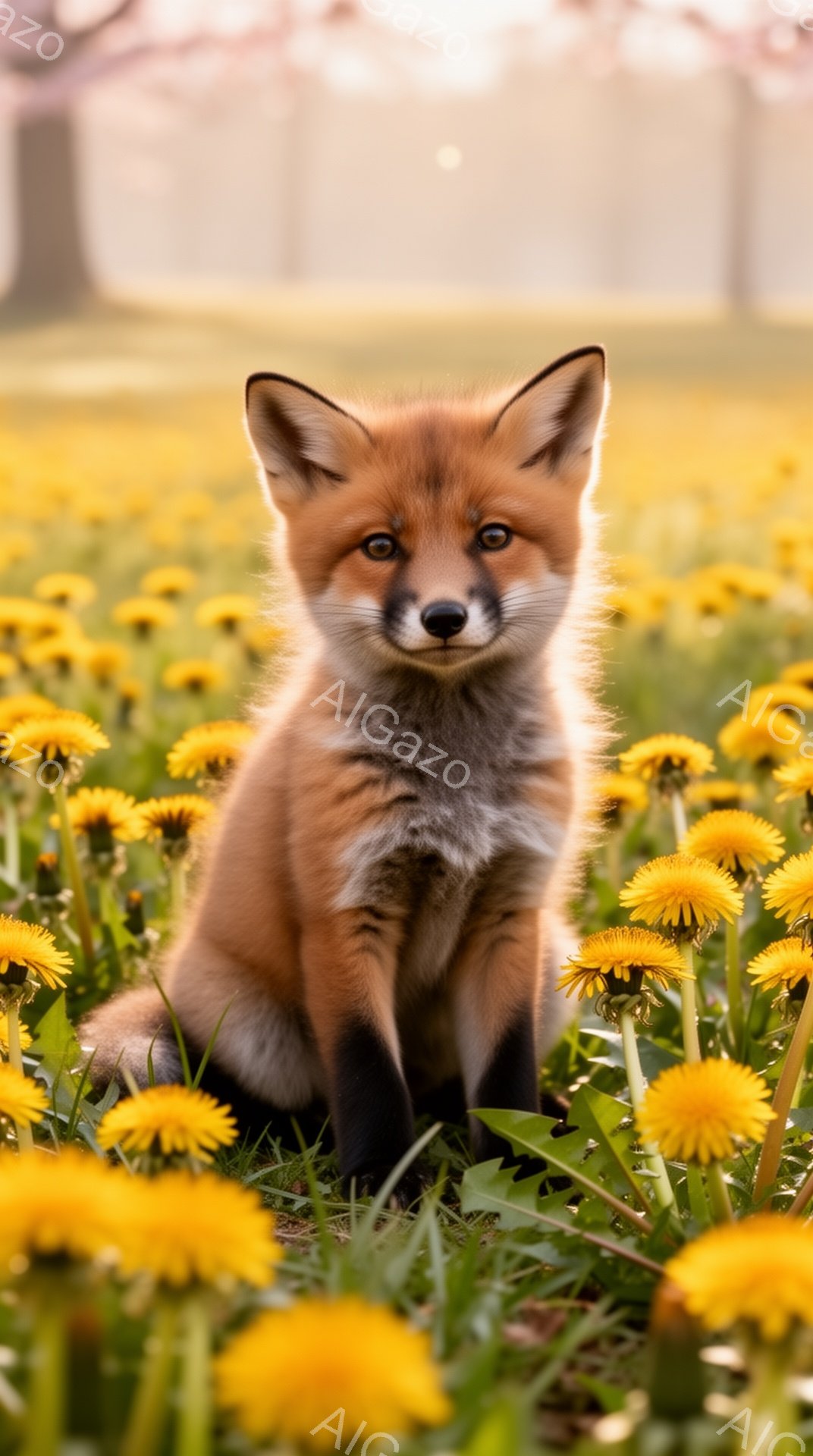 明るい野原で、子ギツネがタンポポの花畑に座っています。その表情は好奇心に満ちており、カメラ目線でこちらを見ています。柔らかい光が全体を包み込み、温かく穏やかな雰囲気です。