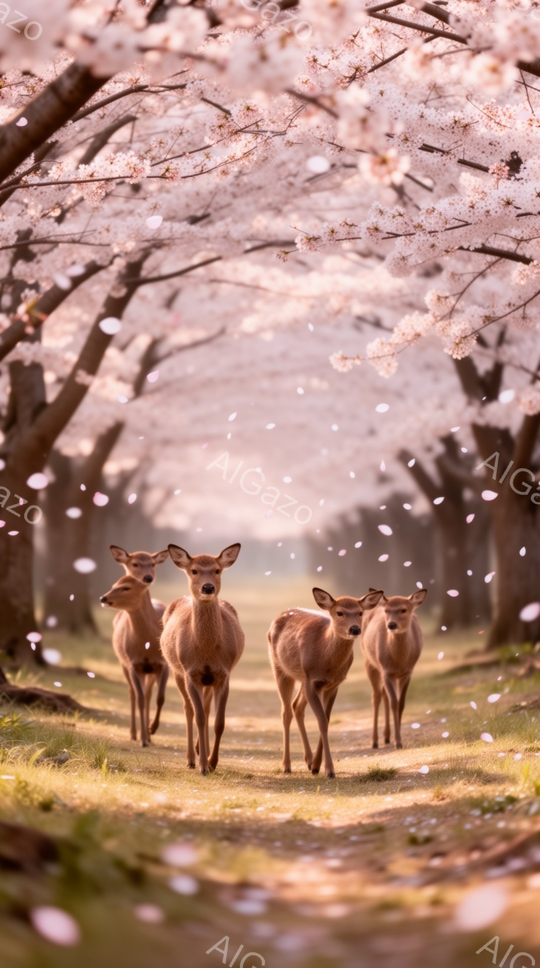 桜並木の中を、複数のシカが歩いている。柔らかい光が差し込み、桜の花びらが舞い散る幻想的な雰囲気の中で、シカたちは静かに前を見据えている。春の訪れを感じさせる、美しい風景だ。 - AI生成フリー素材