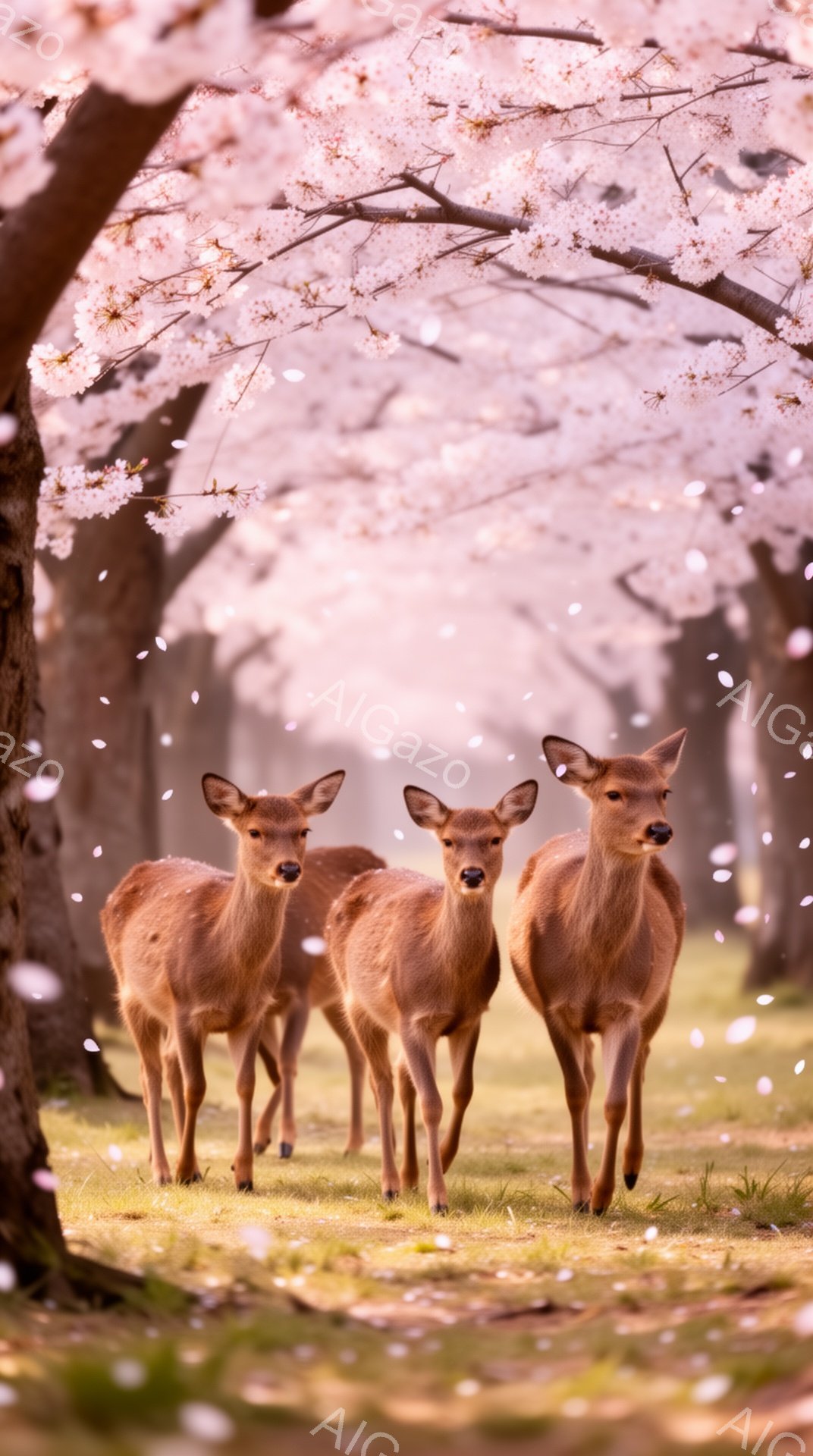 静かな森の中で、三頭のシカが桜の木の下に立っている。桜の花びらが舞い散り、幻想的な雰囲気を醸し出している。シカたちは穏やかな表情で、何かを警戒しているように見える。