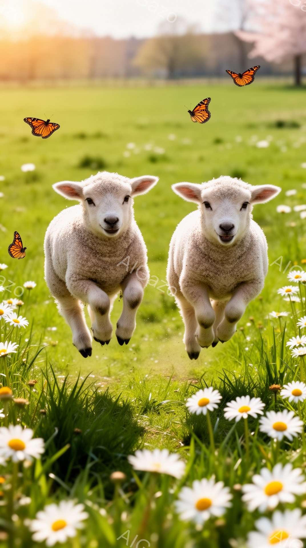 牧草地を駆け抜ける子羊2頭が写っています。周囲には白い花が咲き乱れ、背景には緑豊かな木々が見えます。子羊たちは楽しそうに走り、春の陽気な雰囲気を伝えています。 - AI生成フリー素材