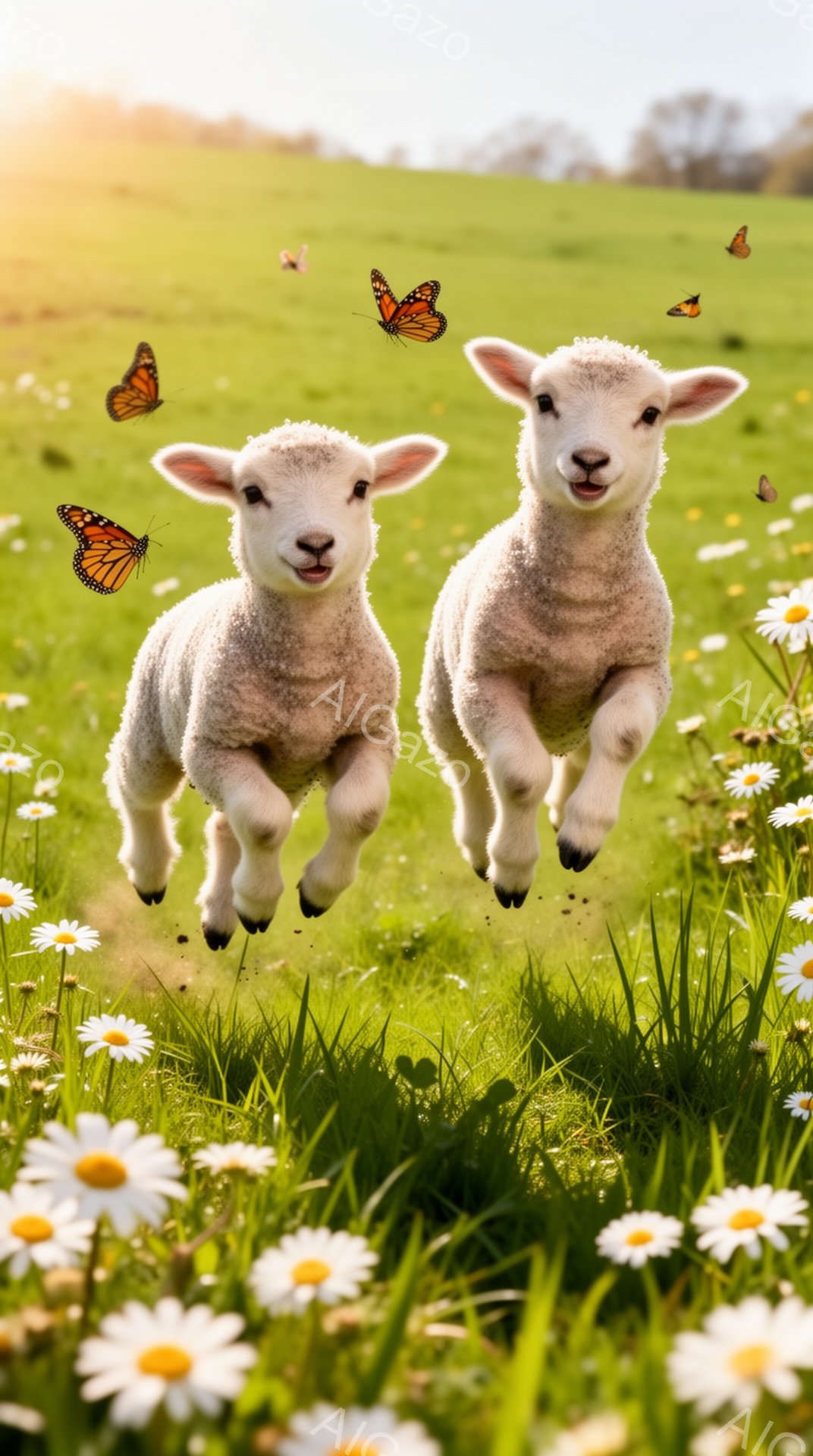 緑の草原を子羊たちが楽しそうに駆け抜けている。白い花々が咲き乱れ、蝶が舞う、暖かく穏やかな春の風景だ。子羊たちの表情は無邪気で、見る人に幸福感を与える。 - AI生成フリー素材