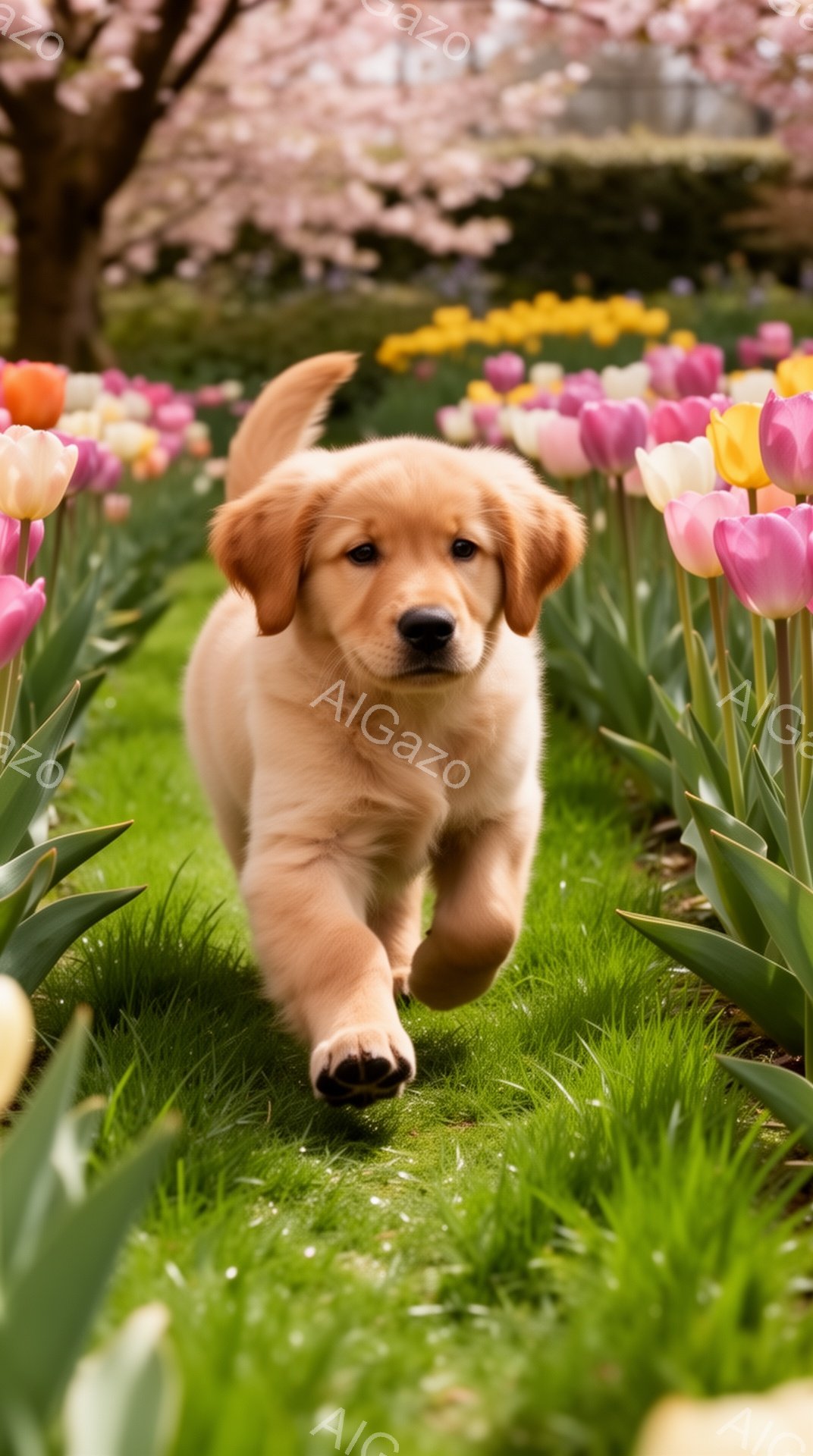芝生とチューリップの花畑を元気いっぱいに駆け抜けるゴールデンレトリバーの子犬が写っています。子犬は明るいオレンジ色で、背景にはピンク色の花びらが舞い、春の暖かさと活気に満ちた雰囲気を醸し出しています。 - AI生成フリー素材