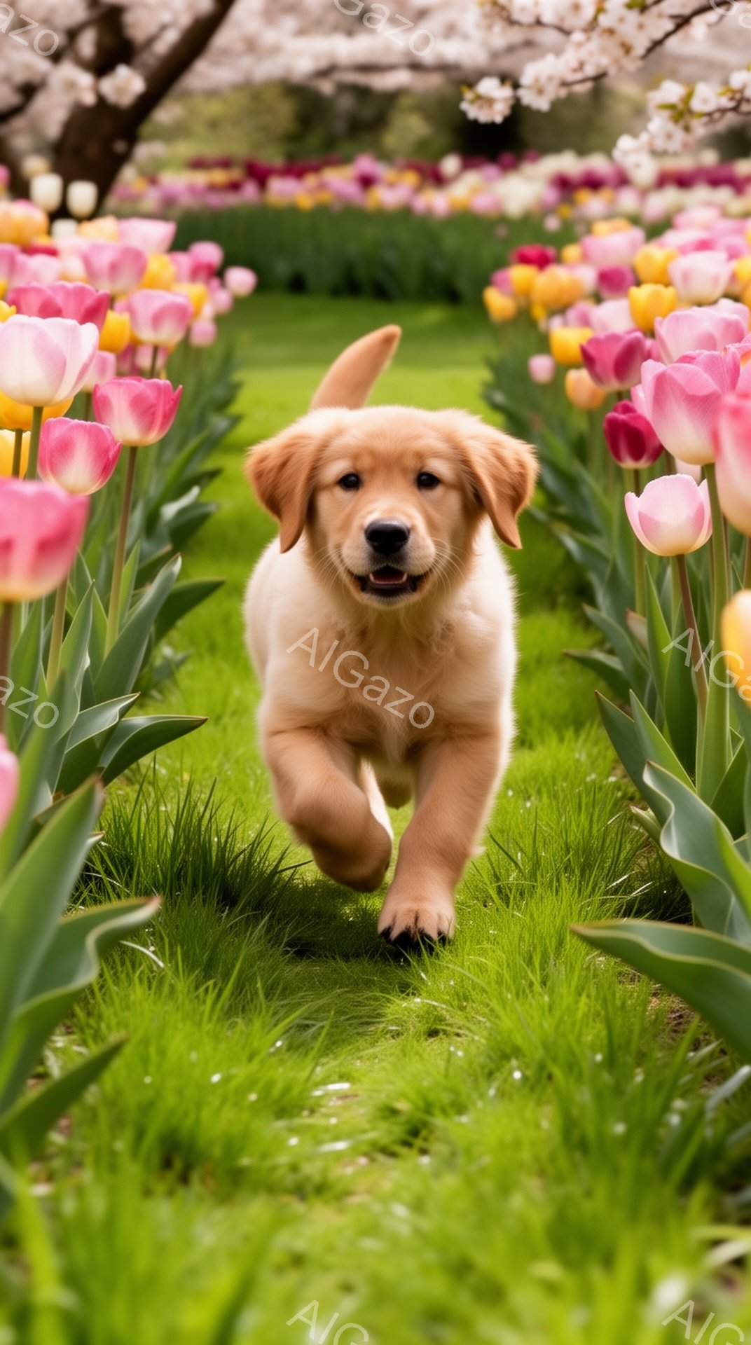 広々とした緑の草地をゴールデンレトリバーの子犬が元気に駆け抜けています。背景には色とりどりのチューリップが咲き乱れ、春の暖かく明るい雰囲気を醸し出しています。子犬は嬉しそうに前を見つめ、遊び心に満ちた - AI生成フリー素材