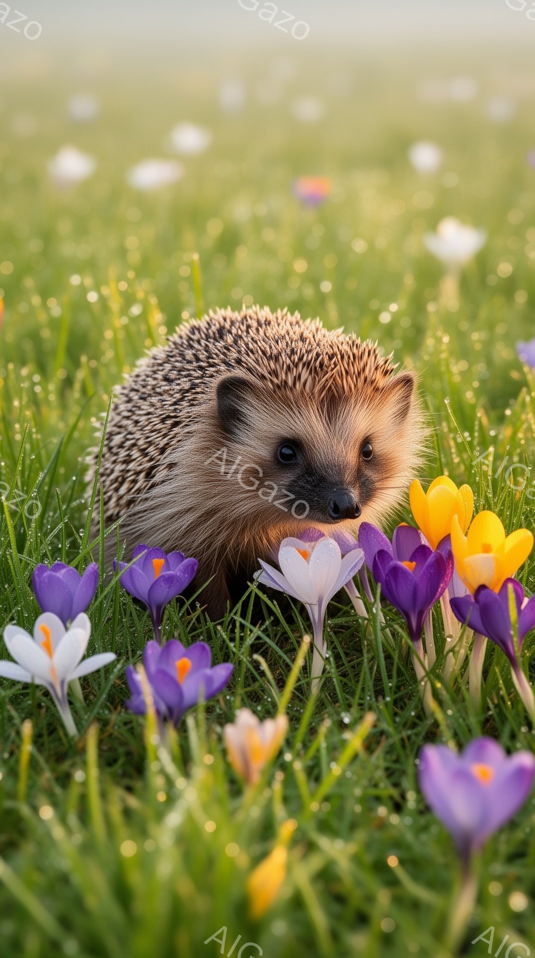 緑の草原と紫と黄色のクロッカスの中に、小さなハリネズミが可愛らしく顔を出しています。毛並みは茶色で、つぶらな瞳が印象的です。春の暖かく穏やかな雰囲気が感じられます。