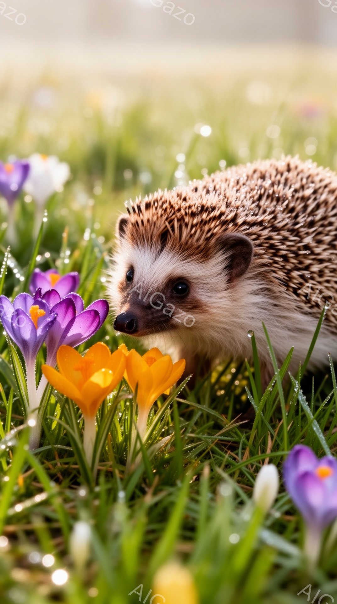 緑の草の上に紫と黄色のクロッカスが咲き乱れ、その中にハリネズミがいます。ハリネズミは黄色い花を見つめ、春の訪れを感じさせる穏やかな光が差し込んでいます。背景は柔らかくぼやけており、暖かく優しい雰囲気を醸し出しています。