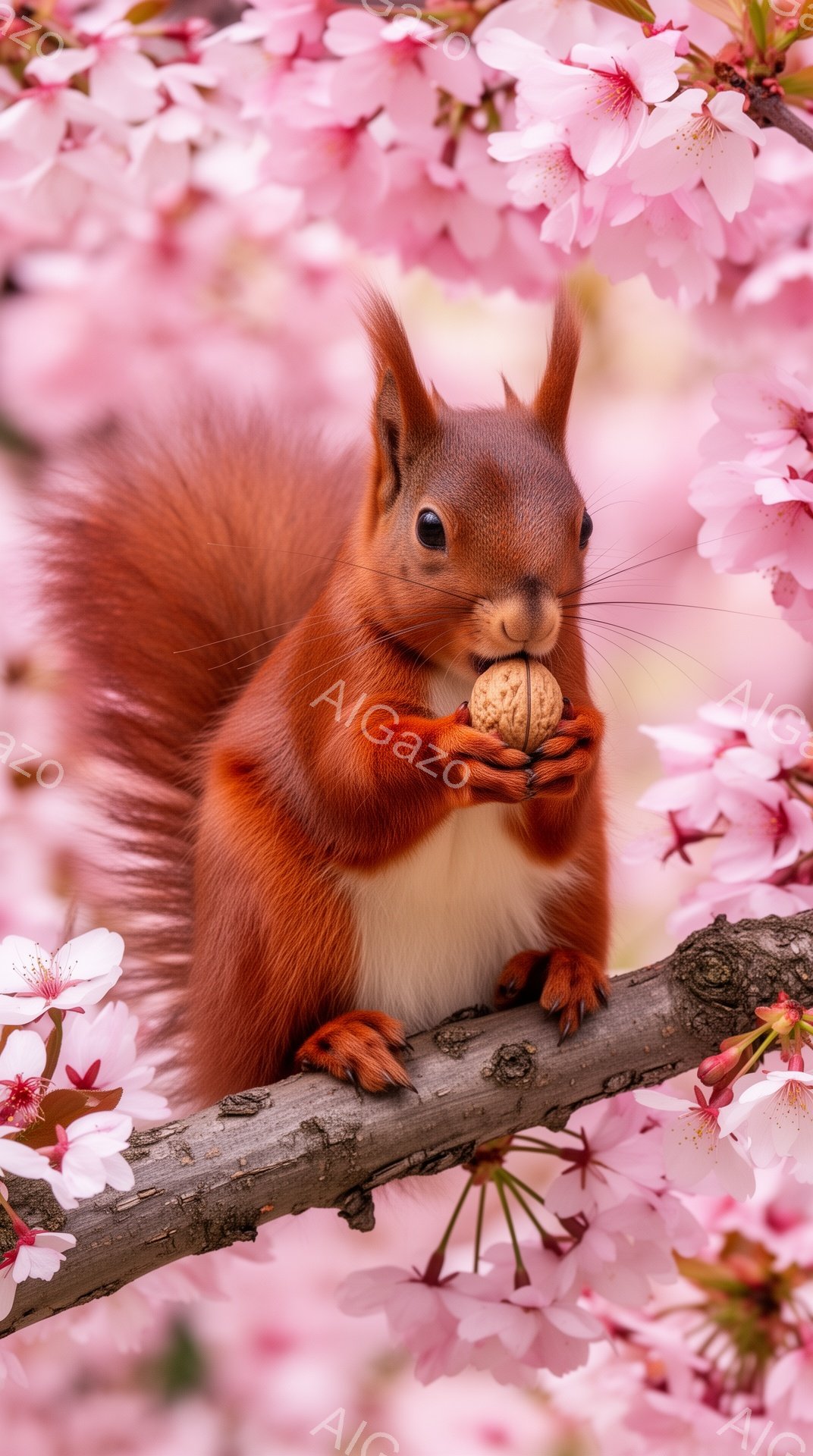 赤い毛並みのリスが木の枝にとまって木の実を抱えています。背景にはピンク色の桜の花が咲き誇り、春の暖かく穏やかな雰囲気を醸し出しています。鮮やかな色彩と愛らしいリスの姿が印象的な一枚です。