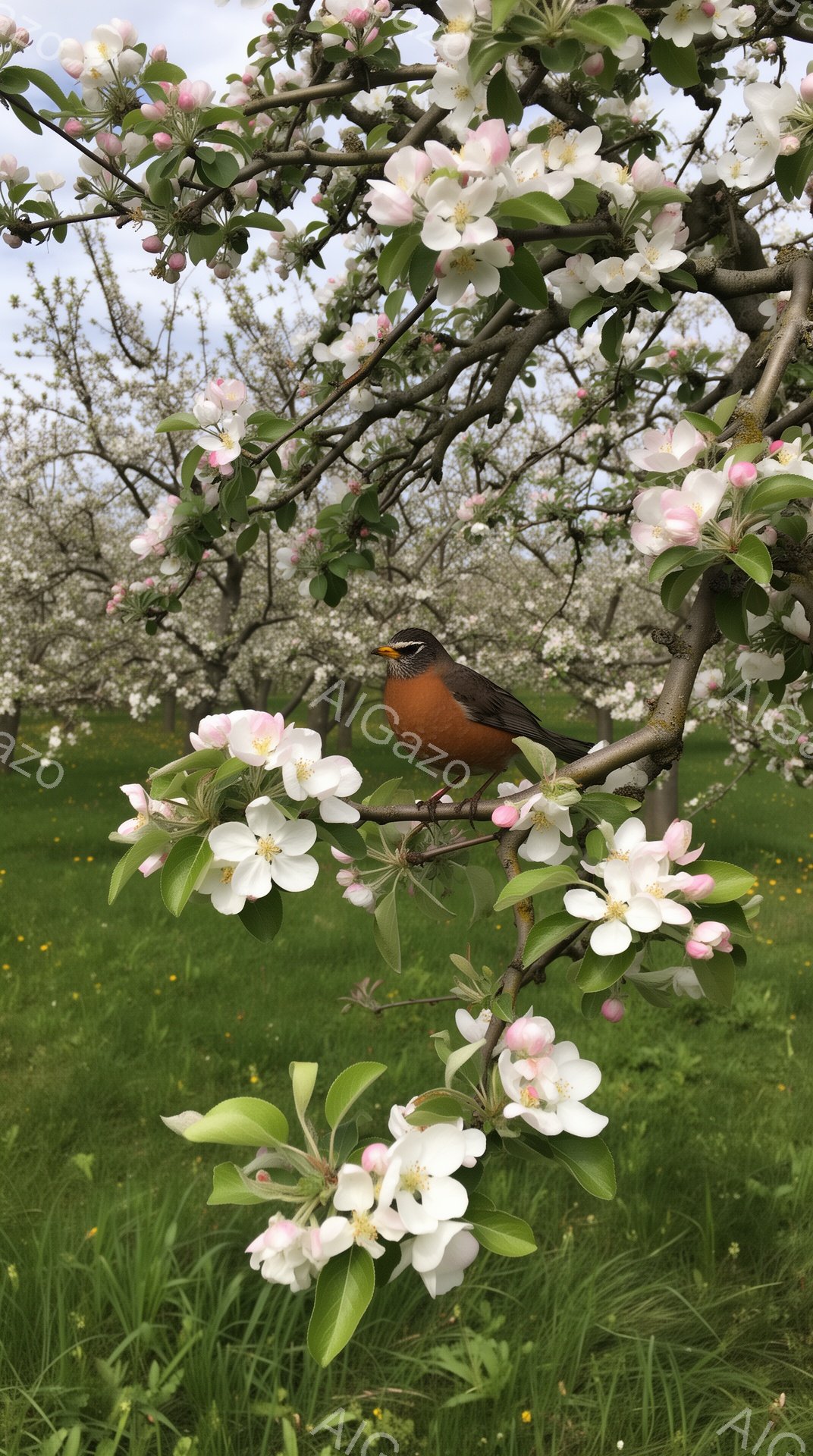 白い花が咲き誇るリンゴの木にとまるアカツグミが印象的な写真です。緑の芝生が広がる背景と、柔らかい光が春の穏やかな雰囲気を醸し出しています。鳥は右を向き、何かを探しているかのように見えます。