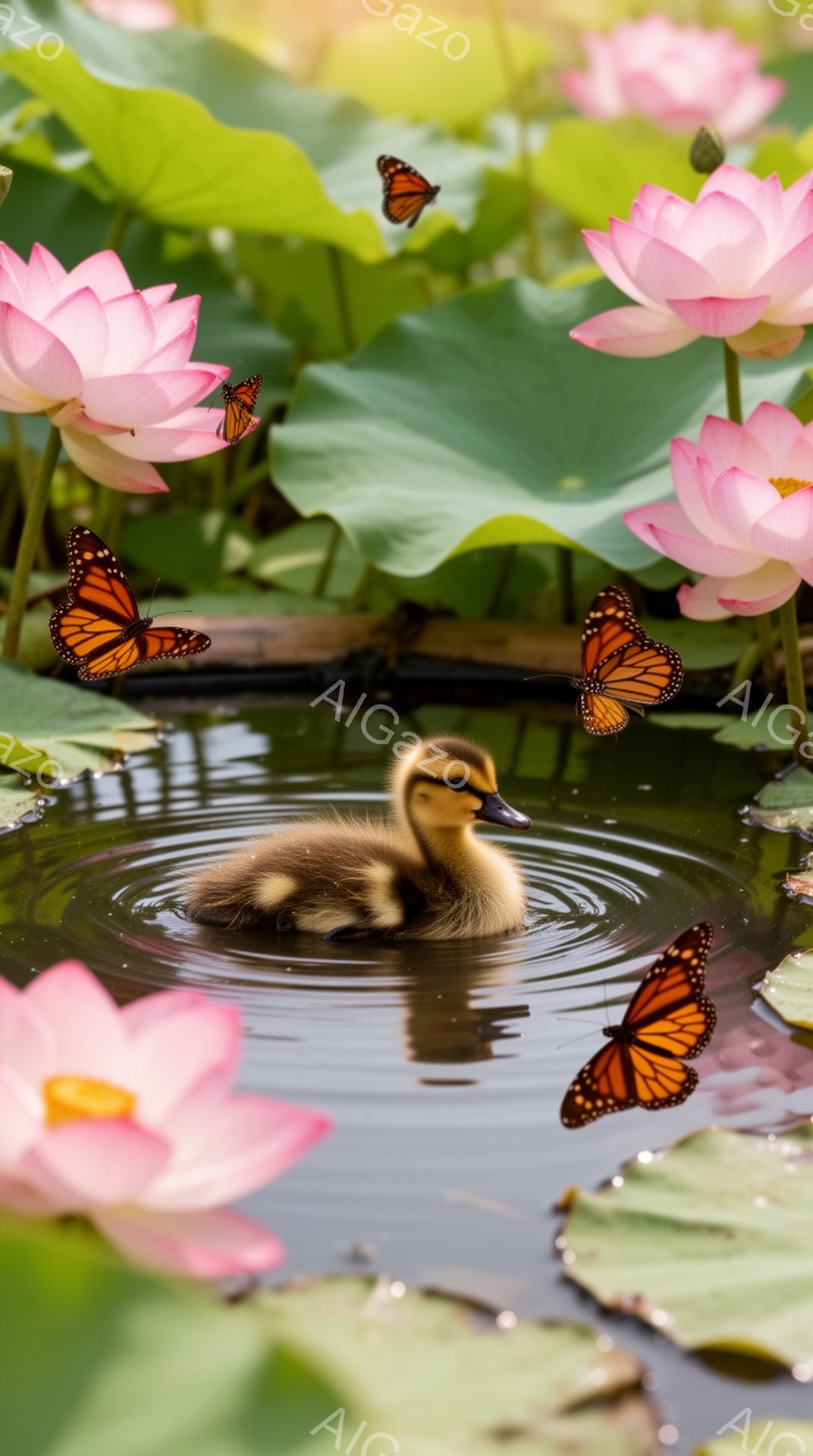 可愛らしいアヒルの雛が蓮の池を泳いでいます。ピンク色の蓮の花とオレンジ色の蝶が周りを飾り、穏やかで暖かい雰囲気を醸し出しています。水面にはアヒルの雛の姿が反映され、幻想的な光景を作り出しています。 - AI生成フリー素材