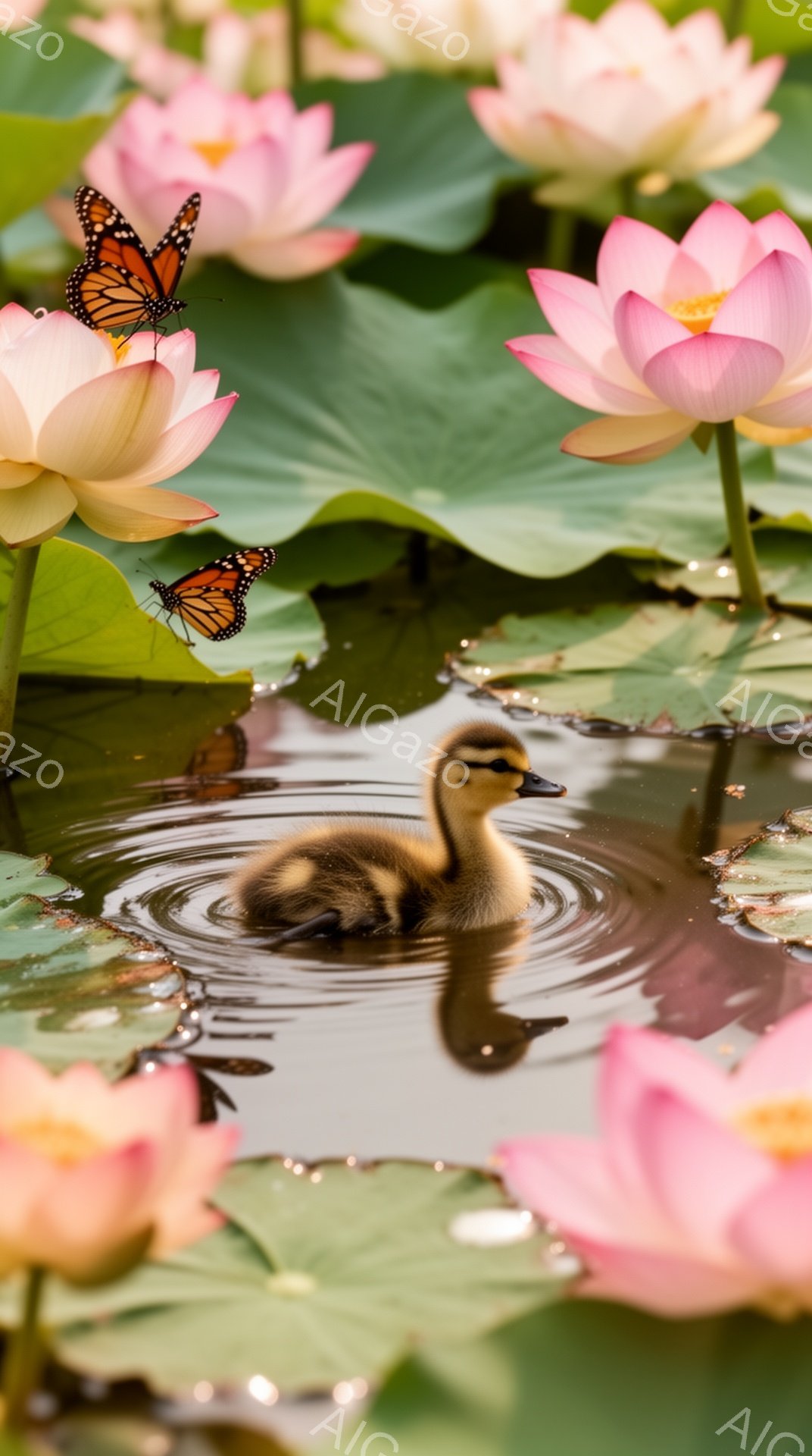 澄んだ水面を小さなアヒルが泳いでいます。ピンクの蓮の花が周囲を彩り、背景には舞う蝶がアクセントになっています。穏やかで平和な夏の日の光景が印象的です。 - AI生成フリー素材