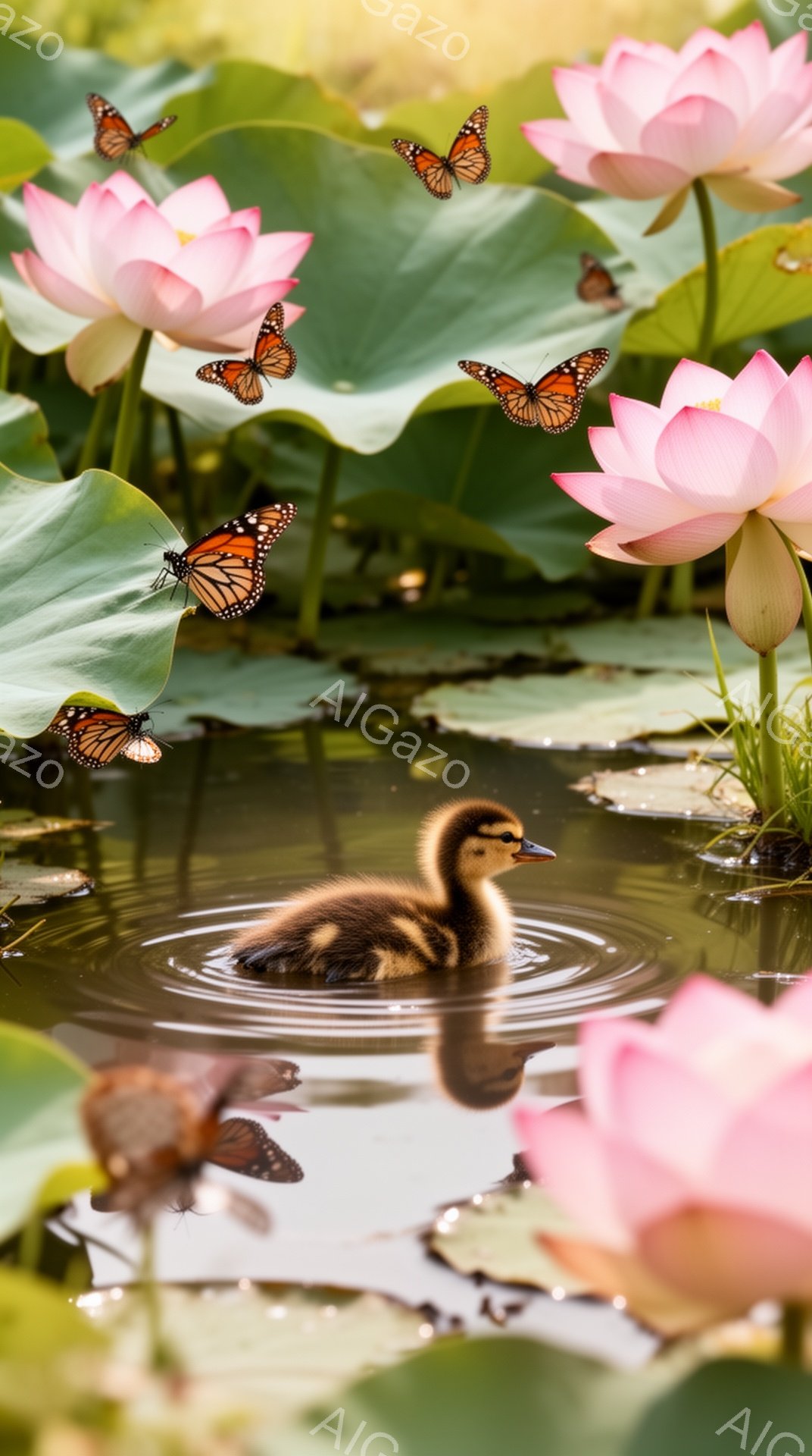 小さなアヒルが水面を漂い、周りにはピンクの蓮の花が咲き誇っています。オレンジ色の蝶が数匹舞い、穏やかで平和な雰囲気を醸し出しています。水面に映るアヒルの姿と蓮の花が、美しい夏の風景を作り出しています。 - AI生成フリー素材